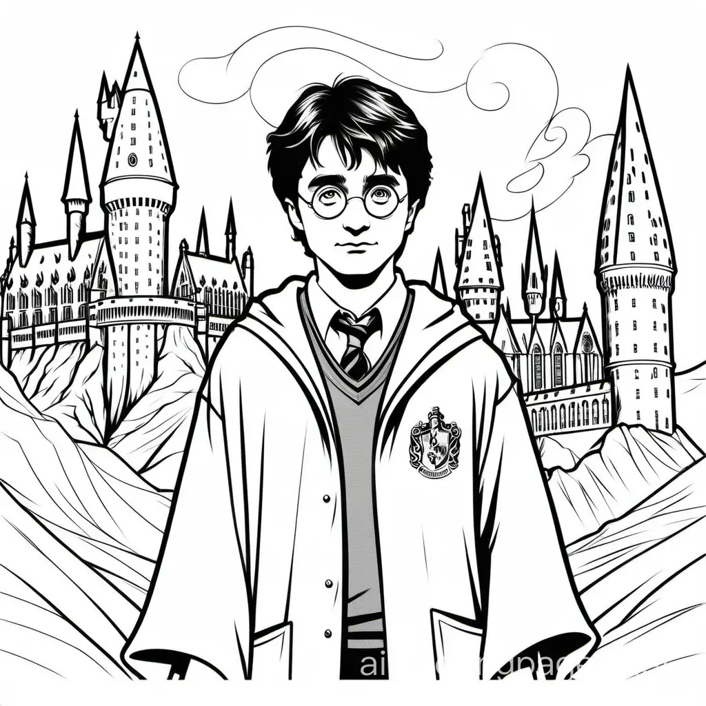 Harry Potter, Coloring Page, black and white, line art, white background, Simplicity, Ample White Space. The background of the coloring page is plain white to make it easy for young children to color within the lines. The outlines of all the subjects are easy to distinguish, making it simple for kids to color without too much difficulty