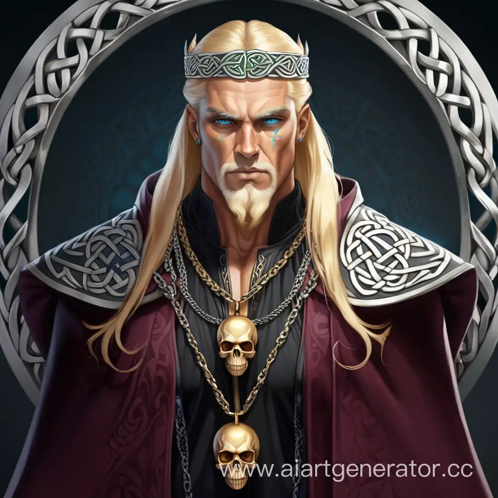 Celtic-King-with-PlatinumGolden-Hair-and-Blue-Eyes-in-Black-Kaftan-with-Golden-Skull-Chains-and-Burgundy-Cloak