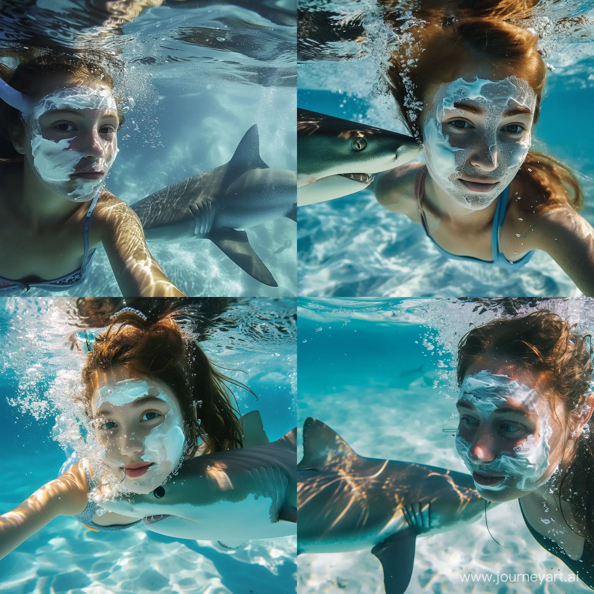 девушка плавает с акула под водой и мажет лицо кремом для лица