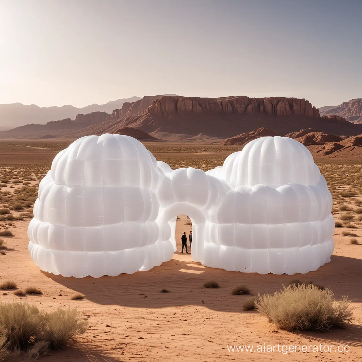 White inflatable cloud installation with transparent sections and space inside in the desert