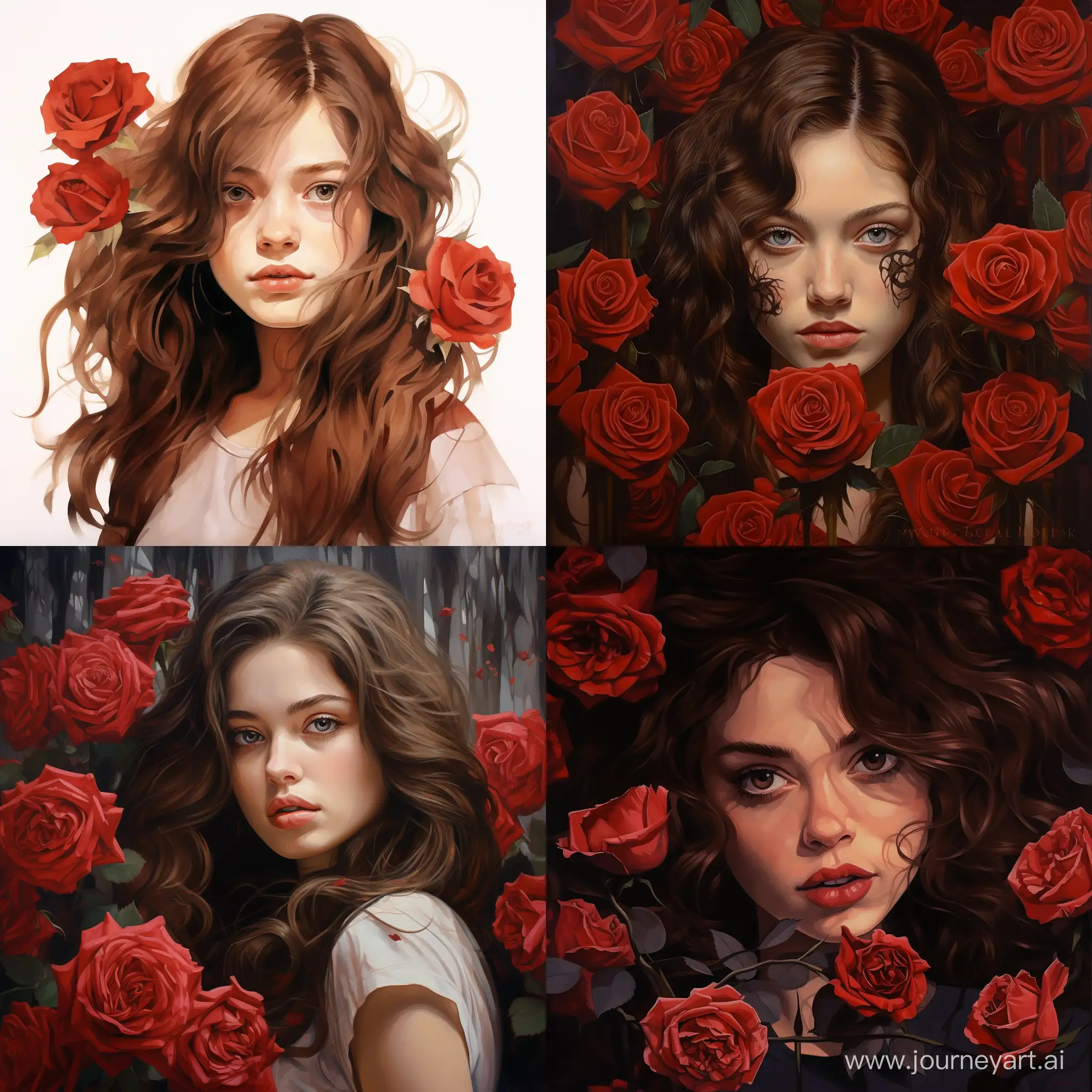 A brown haired girl with hazel eyes and red roses on her face