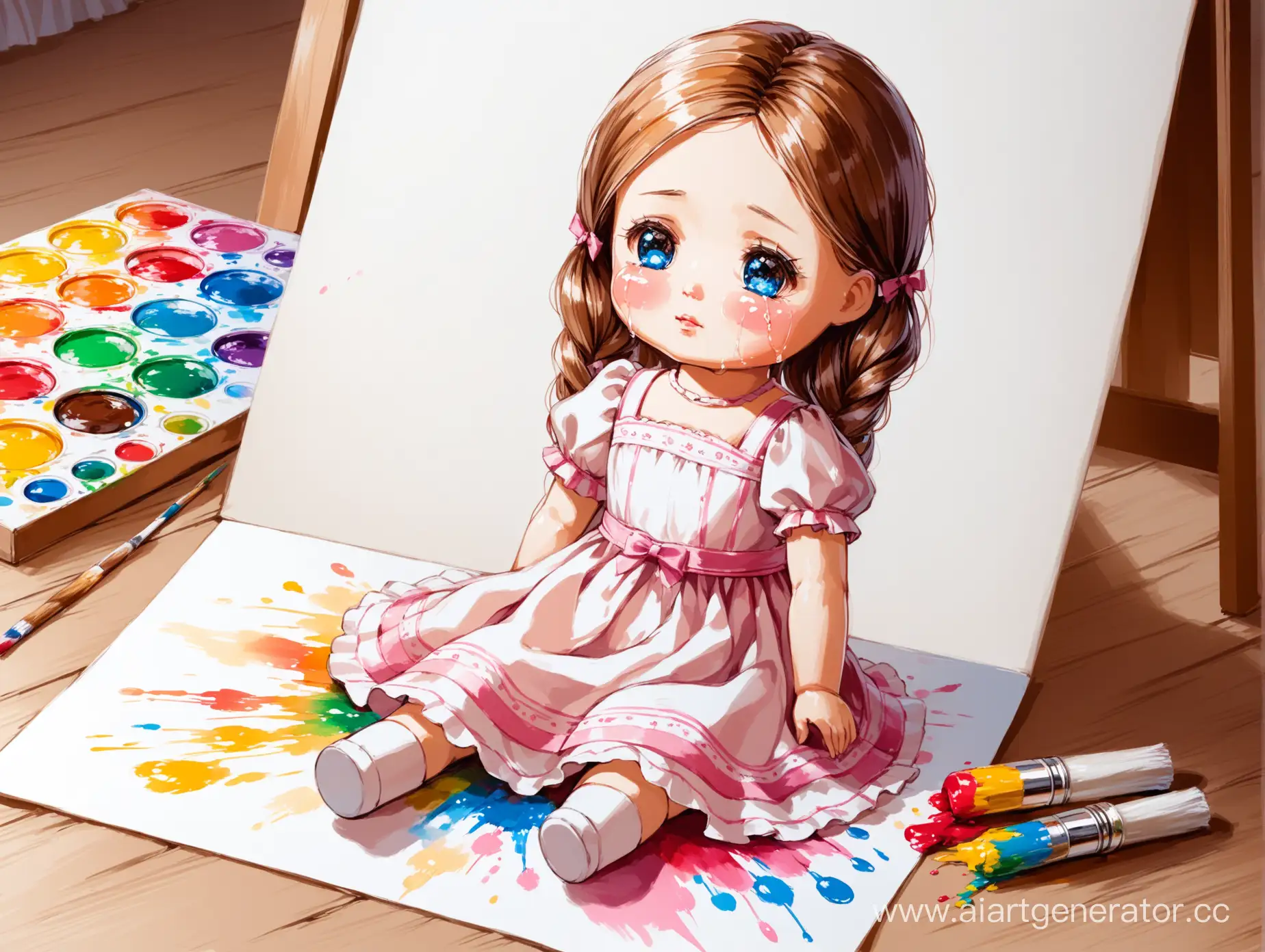 A doll in a dress is sitting on the floor and crying. a picture in the style of drawing with paints