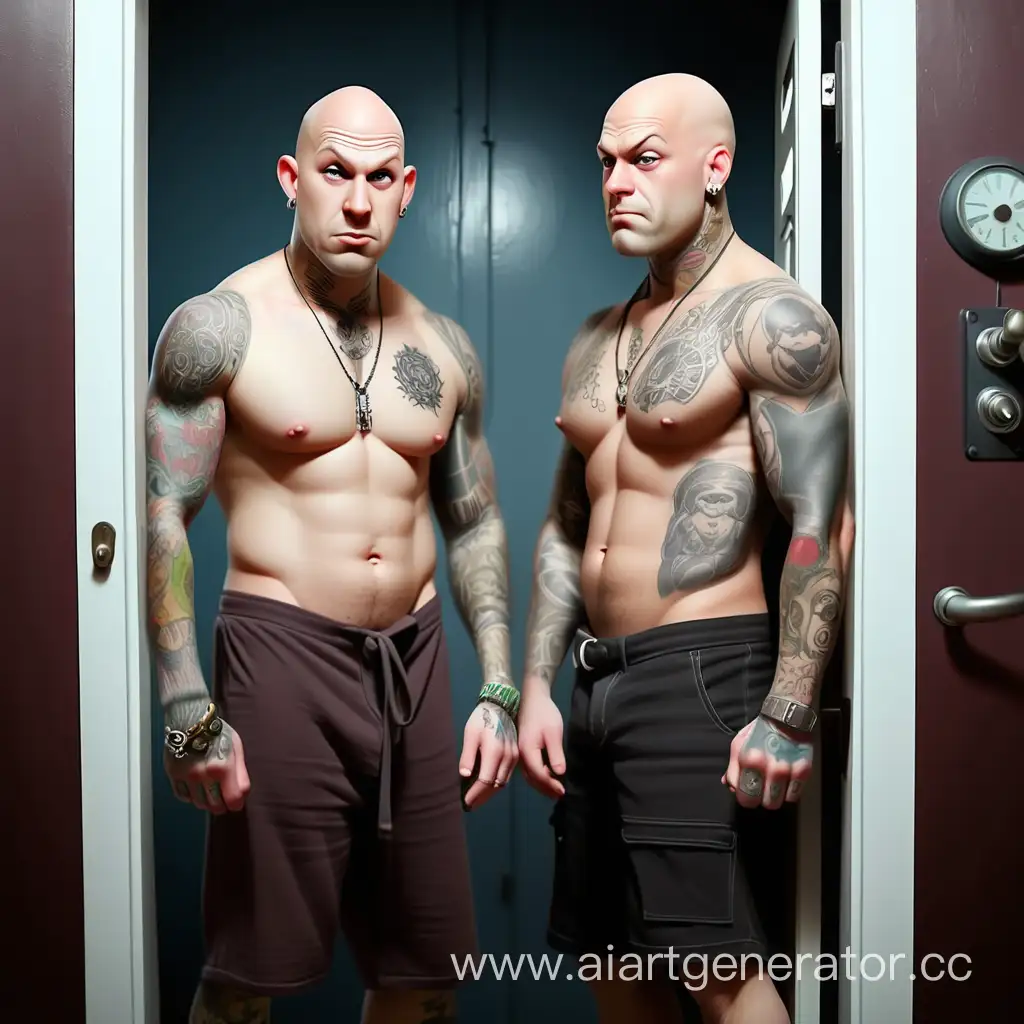 2 накаченых татуированых лысых  мужика стоят у двери в подъезде 