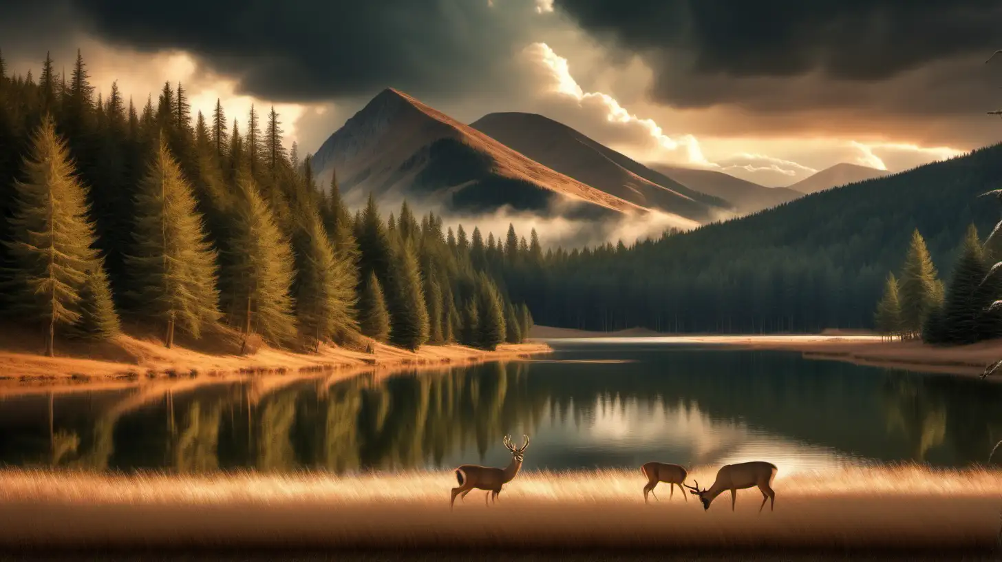 Beautiful mountain scene, a peaceful lake, deer grazing in field, fir trees along left side, dramatic sky, warm light.