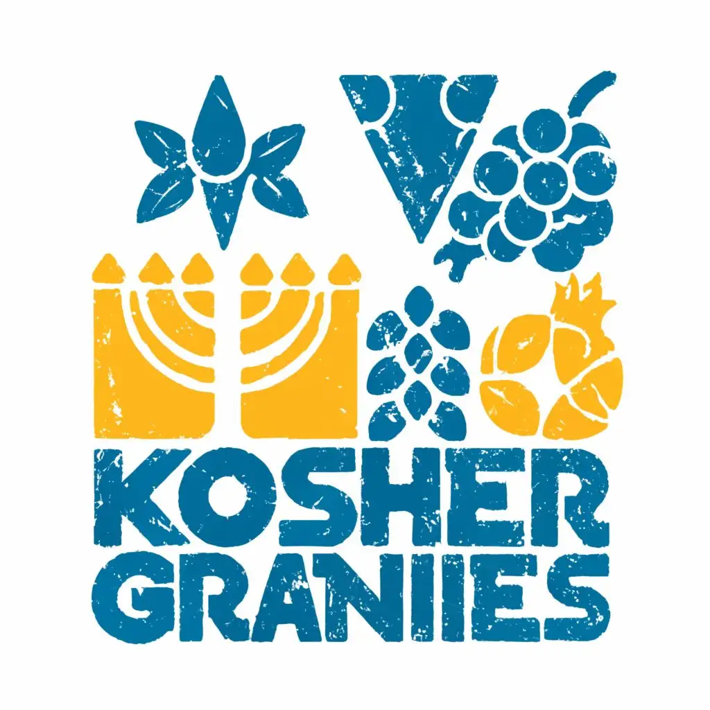 logo, Israel, yellow, blue, white, green, Menorah, pomegranate, grape, Paul Klee, with the text "Kosher Grannies", typography, be used in Automotive industry