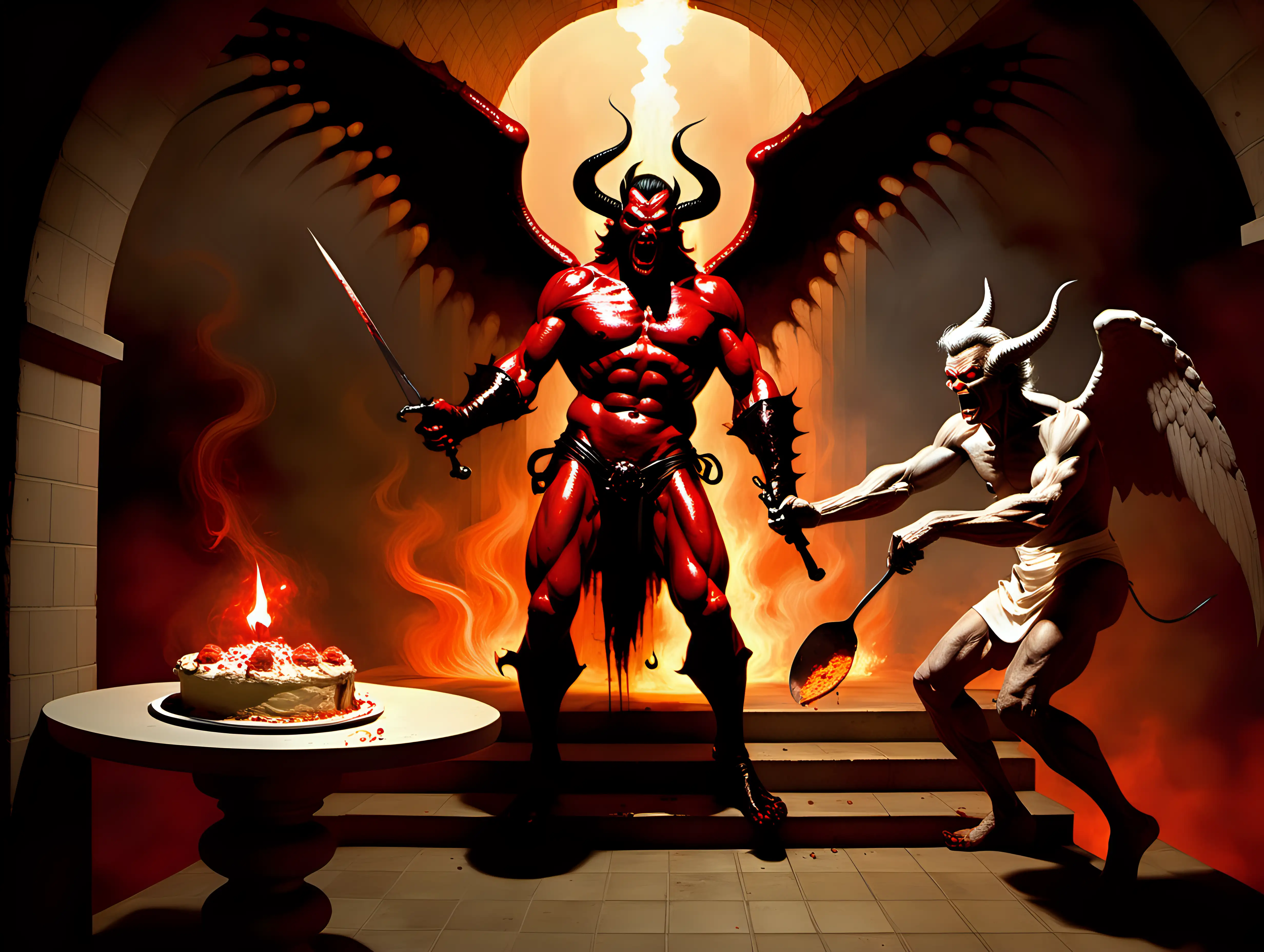 Satan and  Michael the Arc Angel having a bake off in the second stairwell of Hell, digital art Frank Frazetta Style