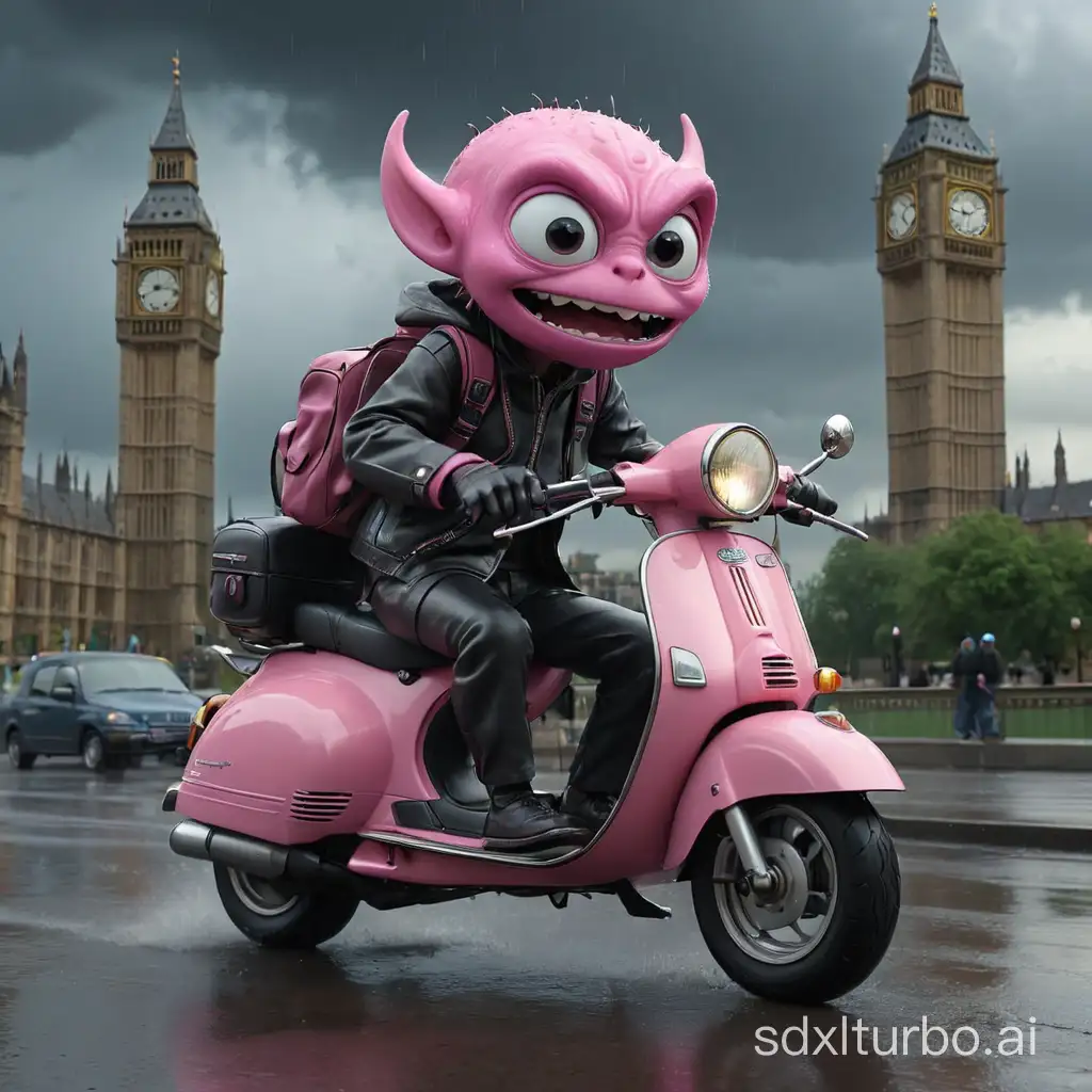 pink alien monster with sad face riding a black vespa VXL 150 motorcycle by Big Ben in London in the year 1980, great overall shot, with rainy stormy weather, storm with rain, clouds, sky, 3D modeling, inspired by the movie intensely, Pixar, science fiction, alien movie, full HD 4K, cool color background, gloomy with grayscale, natural light lighting, great overall shot.