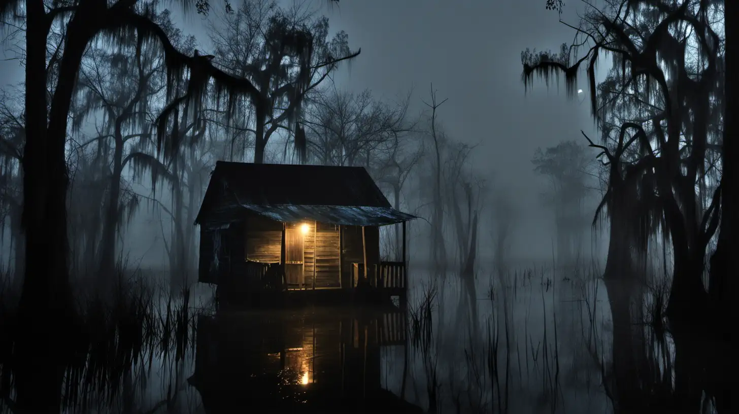 a Louisiana swamp shack on a very dark night in the fog
