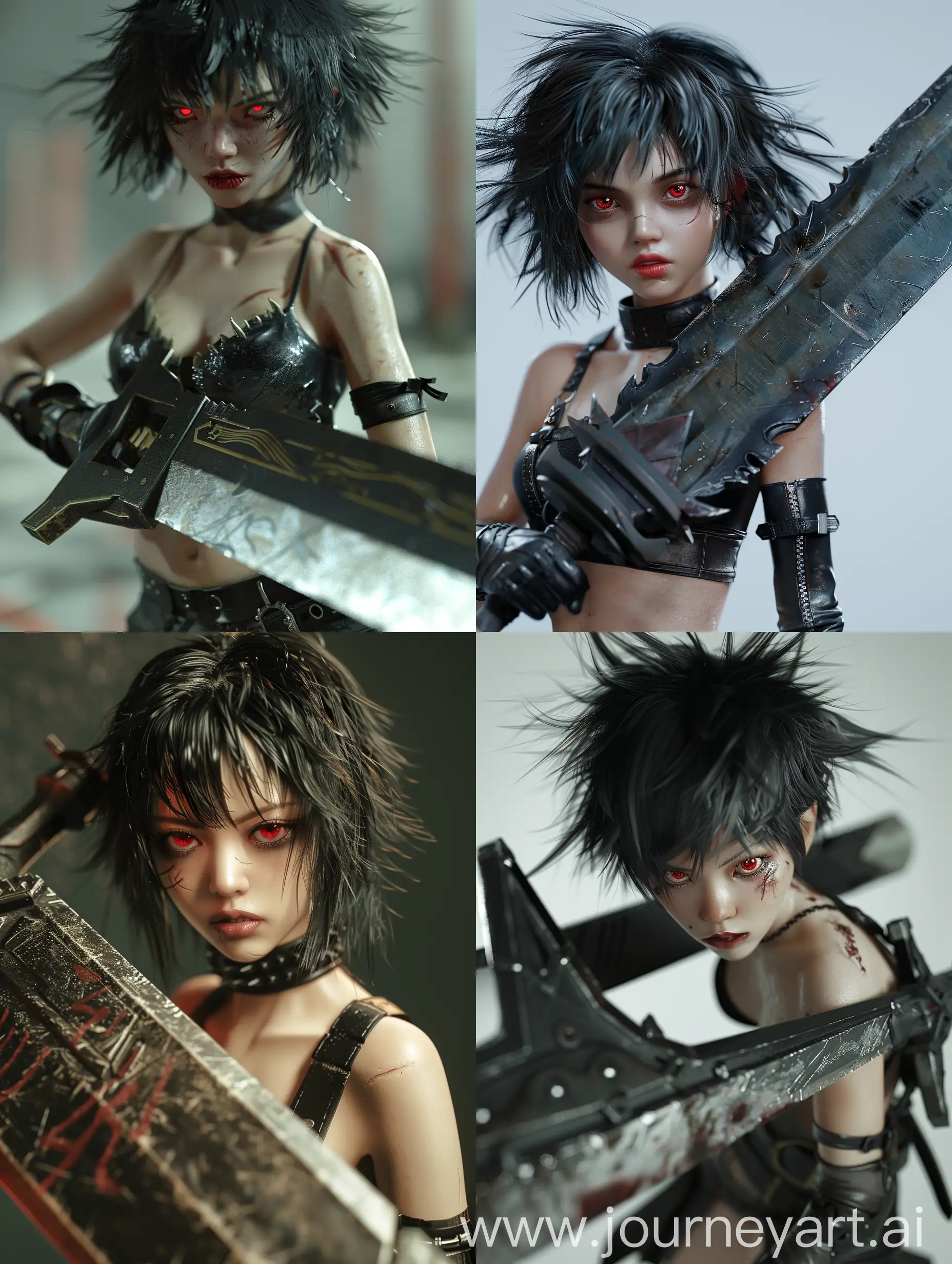3D, Render, Final Fantasy Game Style, Brutal Young Woman, Asian Appearance, Muscular Physique, Red Eyes, Black Hair, Short Messy Hairstyle, Dark Makeup, Black Combat Leather Clothes, Futuristic Huge Sword in Hand, Fighting Pose, Grin on Face