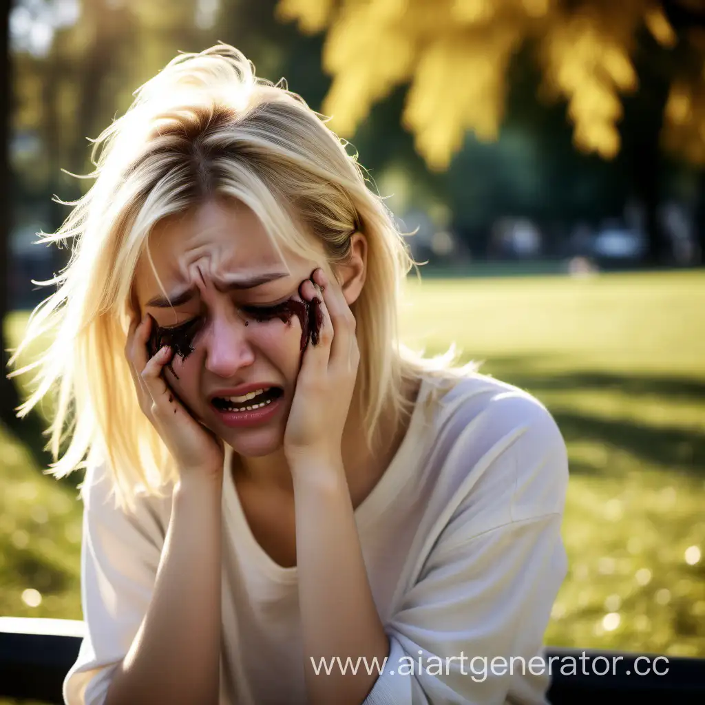 high quality digital photo, sunny park back ground, a pretty blonde girl, crying, eyes running mascara, face twisted with grief, mouth talking, she is sad, wide