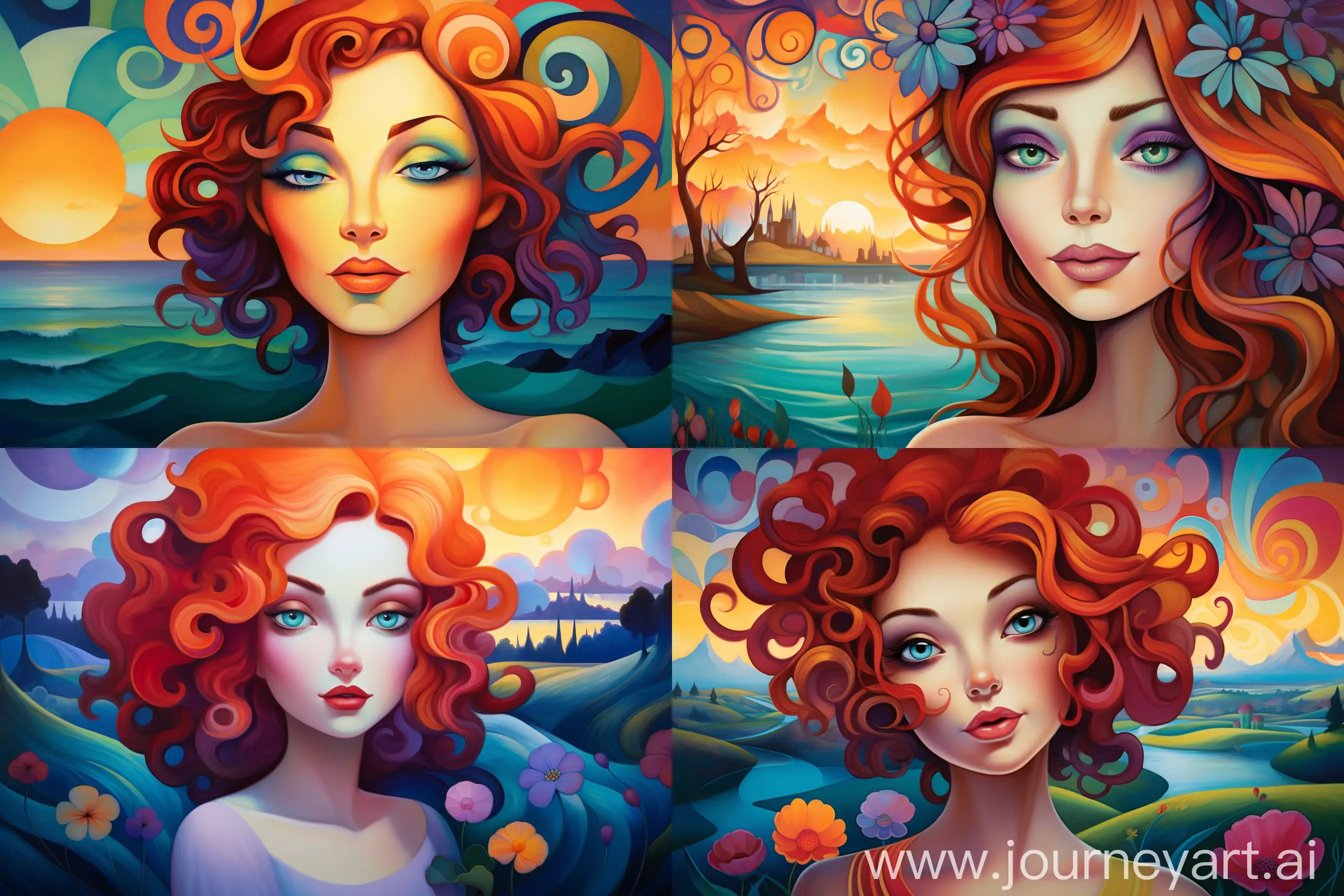 a painting of a woman's face with a landscape in the background, a fine art painting by Jeremiah Ketner, concept art, deviantart, figurative art, whimsical, extremely detailed painting, fauvism --q 2 --ar 3:2 --v 5.2