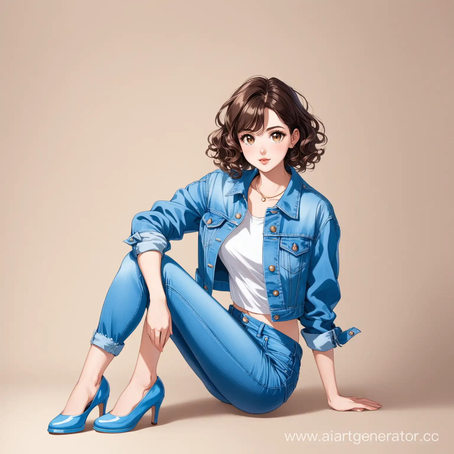 Кареглазая девушка шатенка с короткими кудряшками в белой короткой рубашке синих широких джинсах в джинсовке с круглыми часами и синих туфлях на шпильке