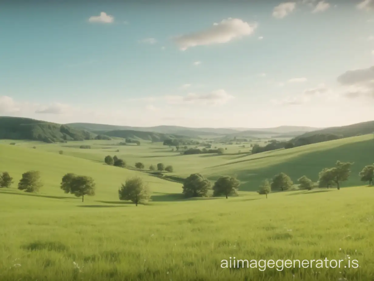 The video opens with a serene countryside scene, with green meadows stretching into the distance. Soft instrumental music plays in the background.