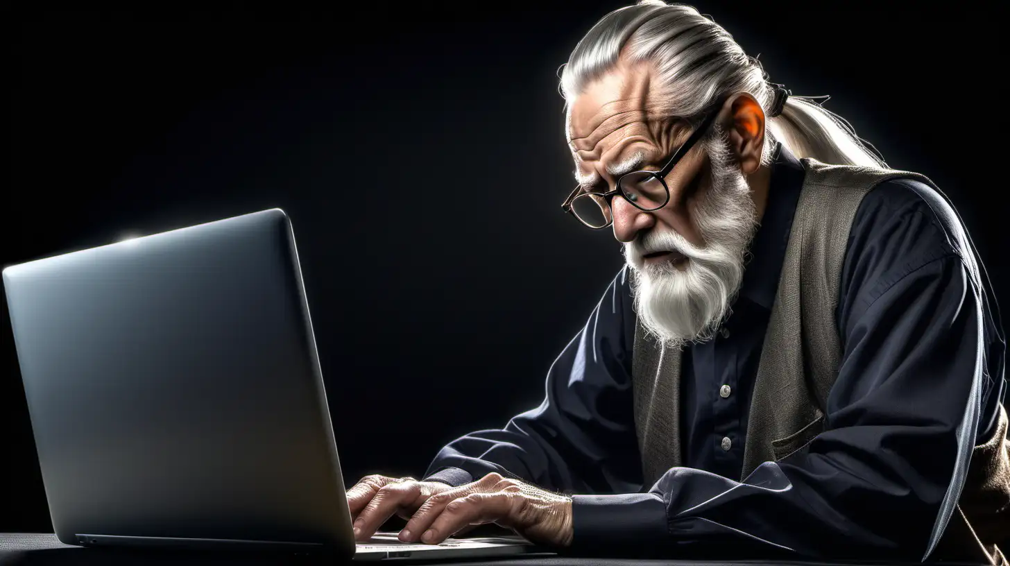 An old man, white beard and hair with ponytail, wearing glasses, 3/4 view,  facing right, sitting behind a desk, both hands typing on a laptop, black background with lighting, ultra realistic, ultra hdr, --raw