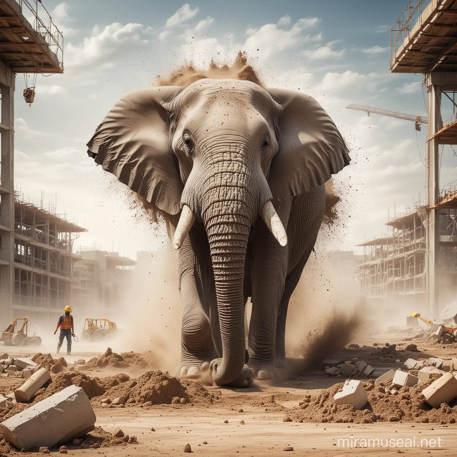crea una portada de un elefante con fondo de una construcción civil  tirando los restos de concreto y polvo de cemento para un anuncio publicitario 