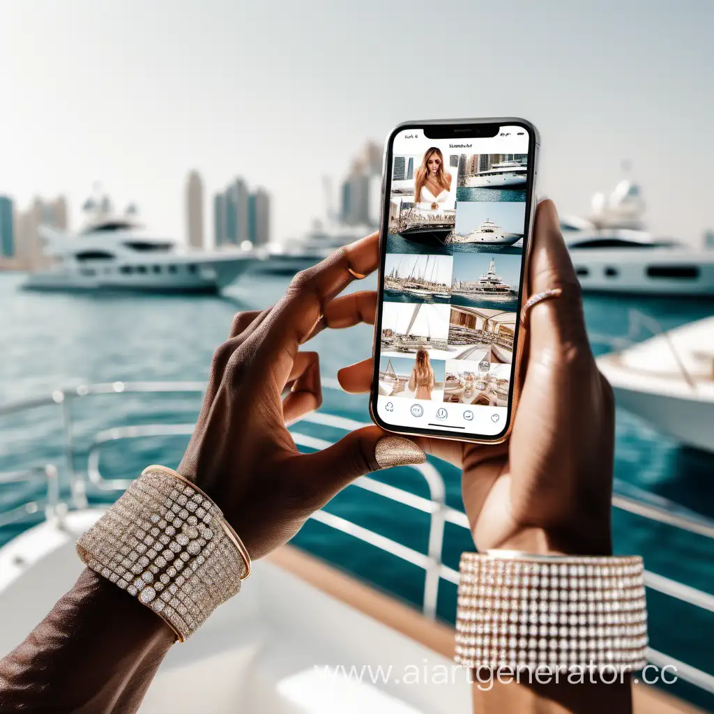 A white hand having a diamond bracelet holding an iphone 13 with a Grid of photos of an instagram account of luxury yachts, few celebrities, youthful energy, Posh status, rich families having a good time and Dubai.
