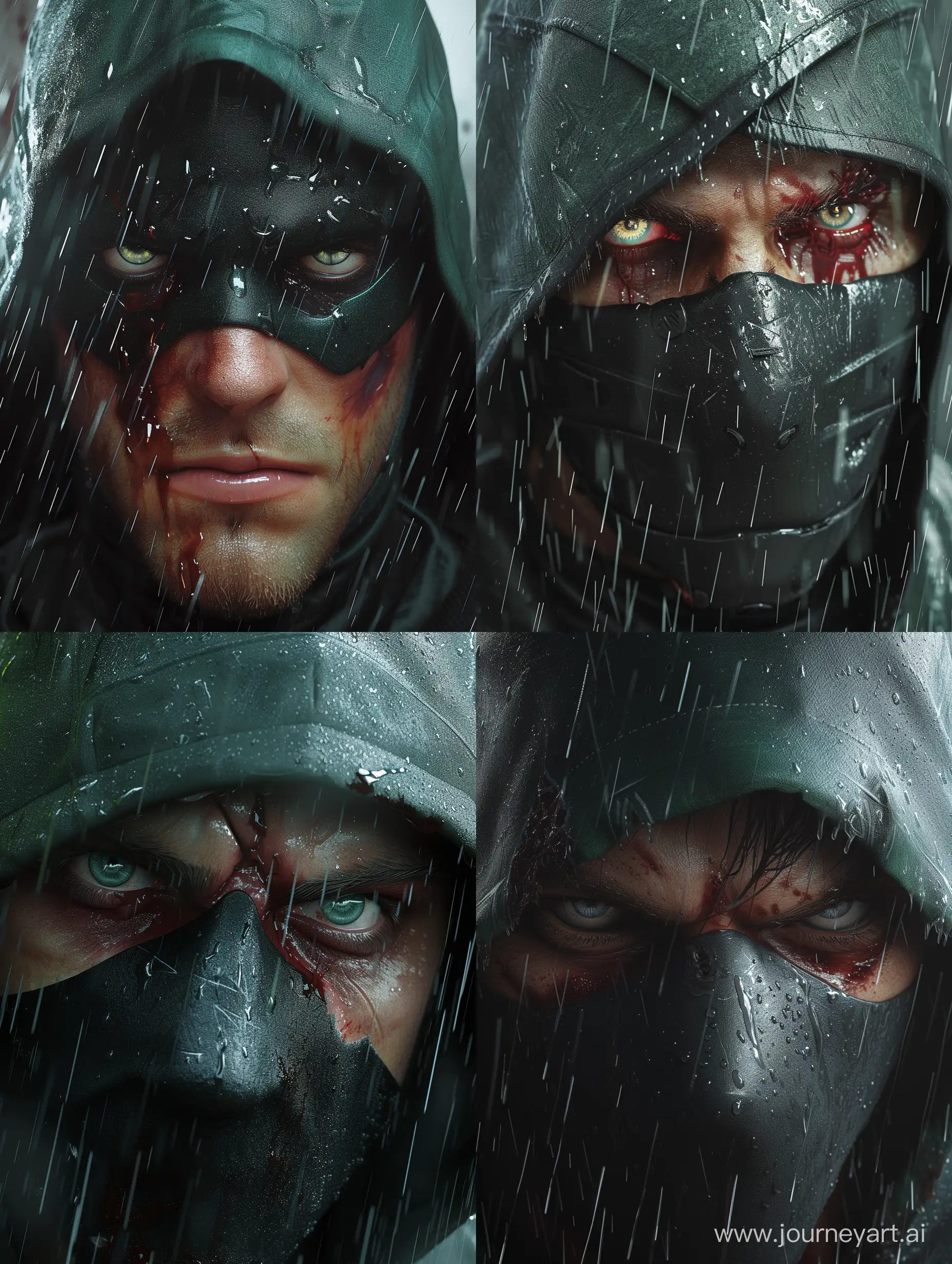 Mysterious-Vigilante-Endures-Torrential-Rain-in-Striking-HyperRealistic-Portrait