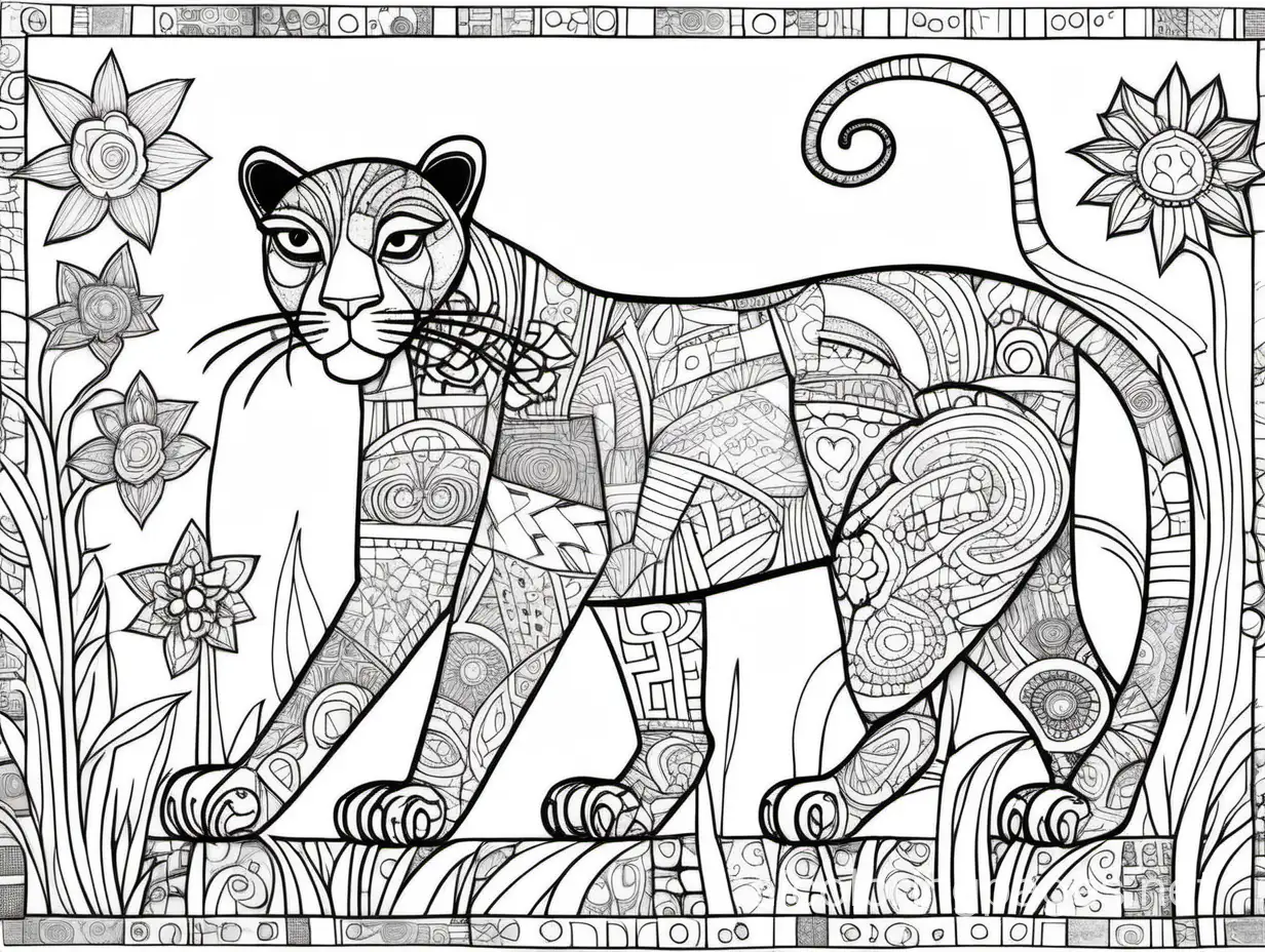  Panther in  rich patchwork by Meghan Duncanson and Jennifer Lommers and Didier Lourenço, Coloring Page, black and white, line art, white background, Simplicity, Ample White Space. The background of the coloring page is plain white to make it easy for young children to color within the lines. The outlines of all the subjects are easy to distinguish, making it simple for kids to color without too much difficulty