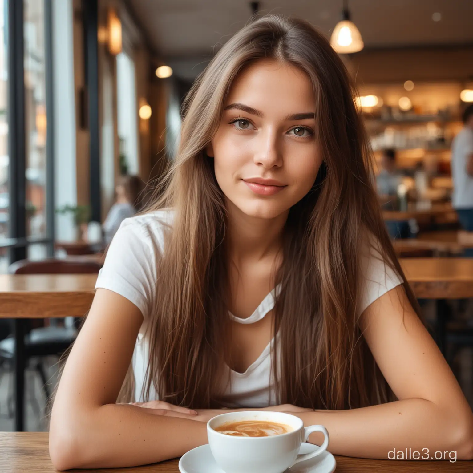 Foto gadis cantik berambut panjang sedang duduk di cafe 