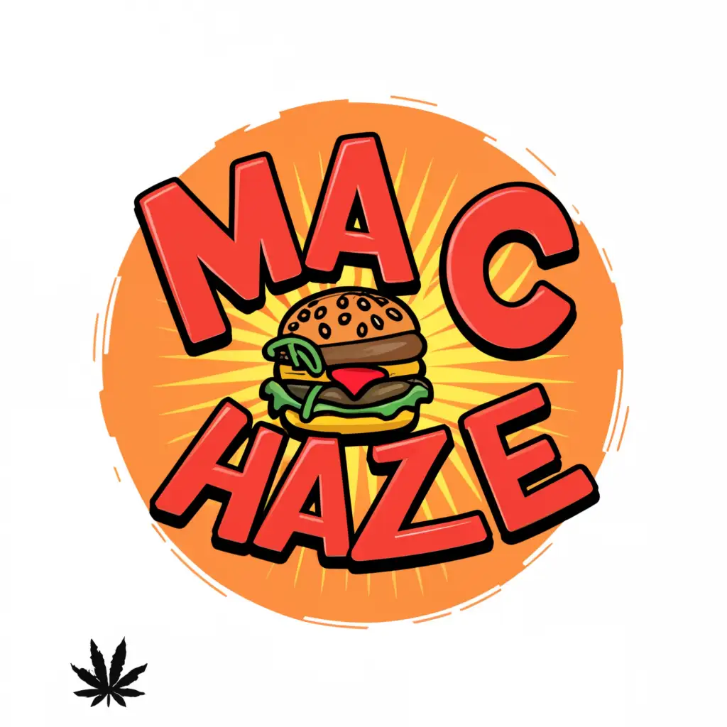 a logo design,with the text "MAC Haze", main symbol:Burger , ganja , Mc Donalds  , comic style,Moderate,clear background