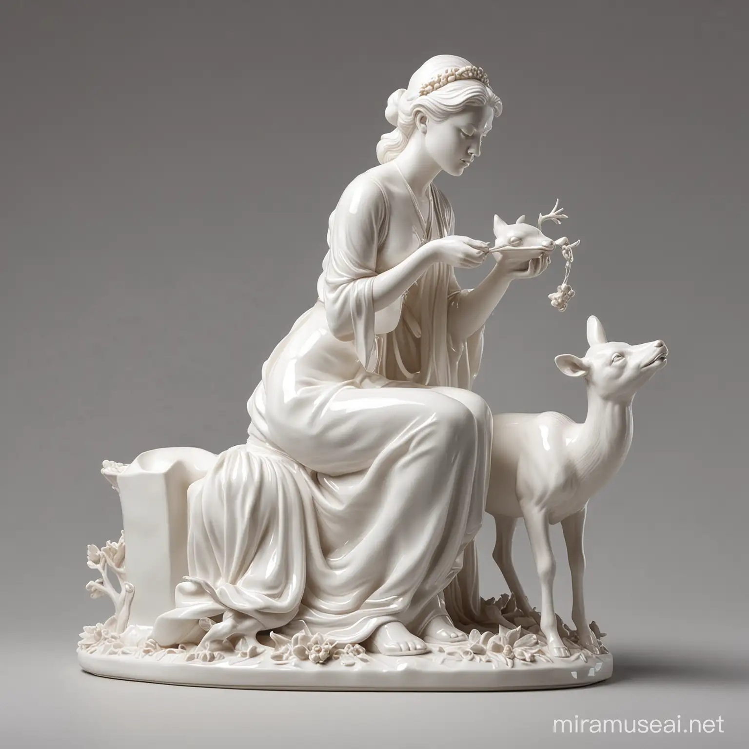 Glossy white porcelain figurine of a seated woman feeding a deer, product photo style