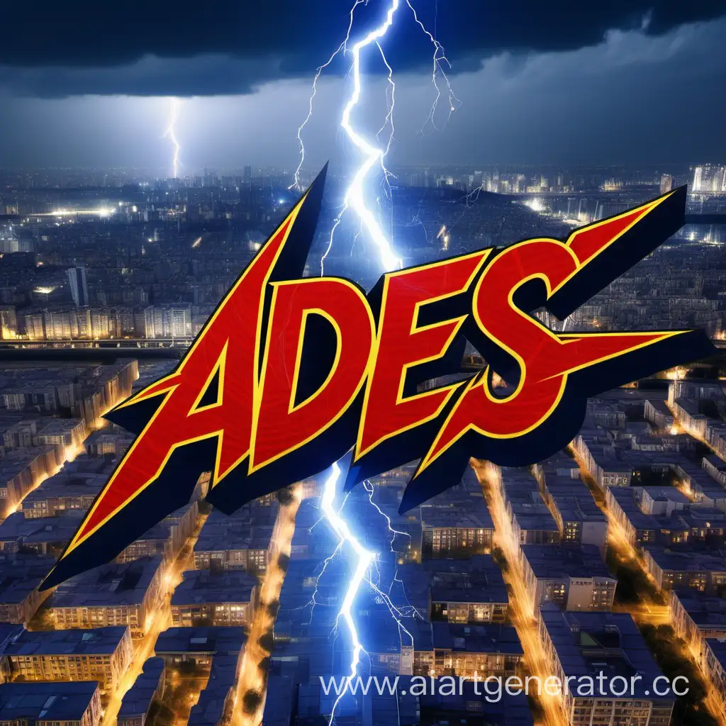Имя Ades  в стиле молнии на фоне города