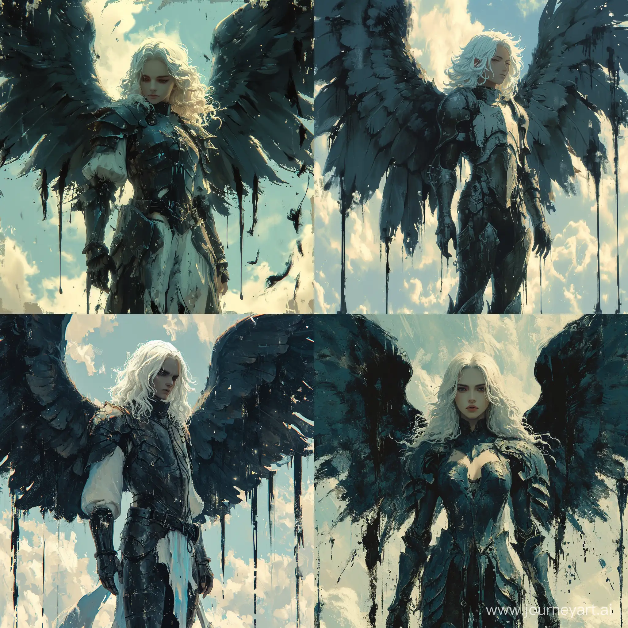 128 bit pixel art, dark angel with large black wings, standing in front of a sky background with white and blue hues, the anime angel has white hair and is wearing a armor-like outfit, the wings are spread out and there are black paint drips trailing from them, --s 1000