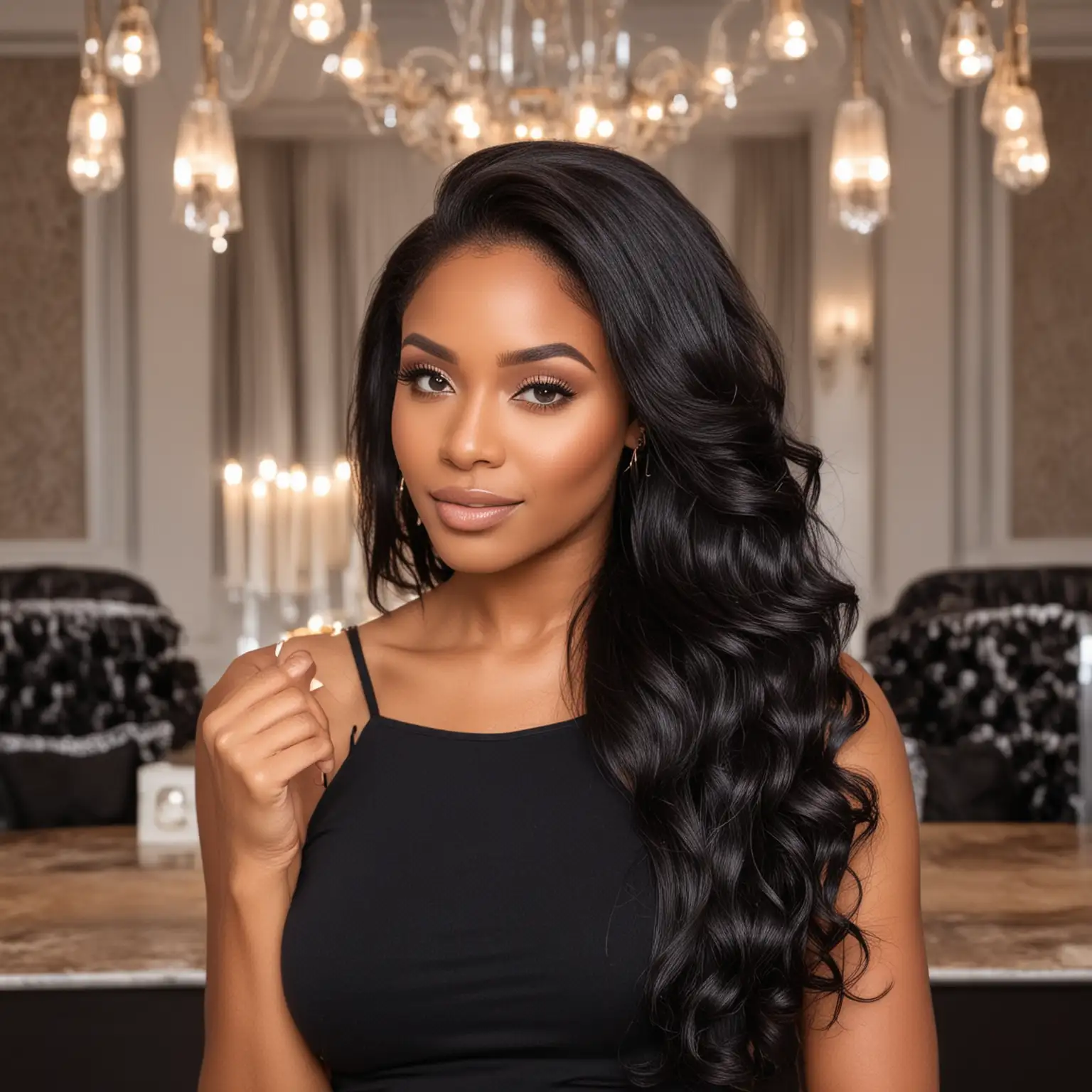 Luxurious Portrait of a Beautiful Black Woman with Elegant Black Hair Bundles