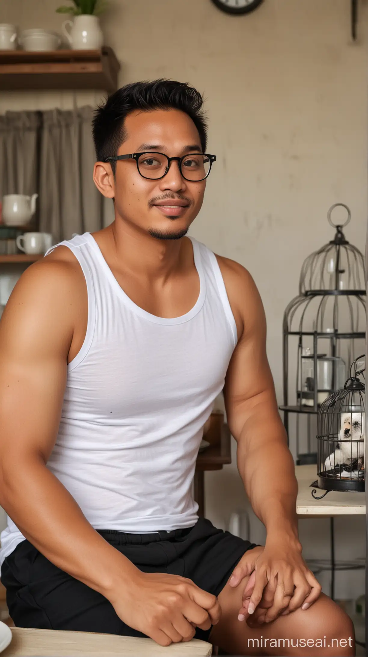 Foto realistis, pria indonesia usia 30 tahun memakai baju tank top putih, memakai kaca mata bulat, celana hitam pendek, badan gemuk, sedang duduk di kursi meja makan, latar belakang dapur dan ada sangkar burung 