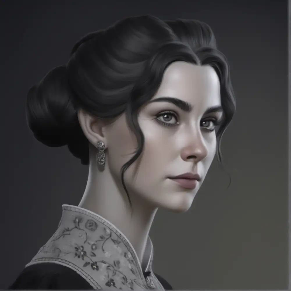 as real female human, regal appearance, gray eyes, black slightly wavy hair that was kept behind her head in a bun, facial features small and gaunt, black and white dress with embroidered white collar, 1 to 1 as on original picture, hyper-realistic, photo-realistic