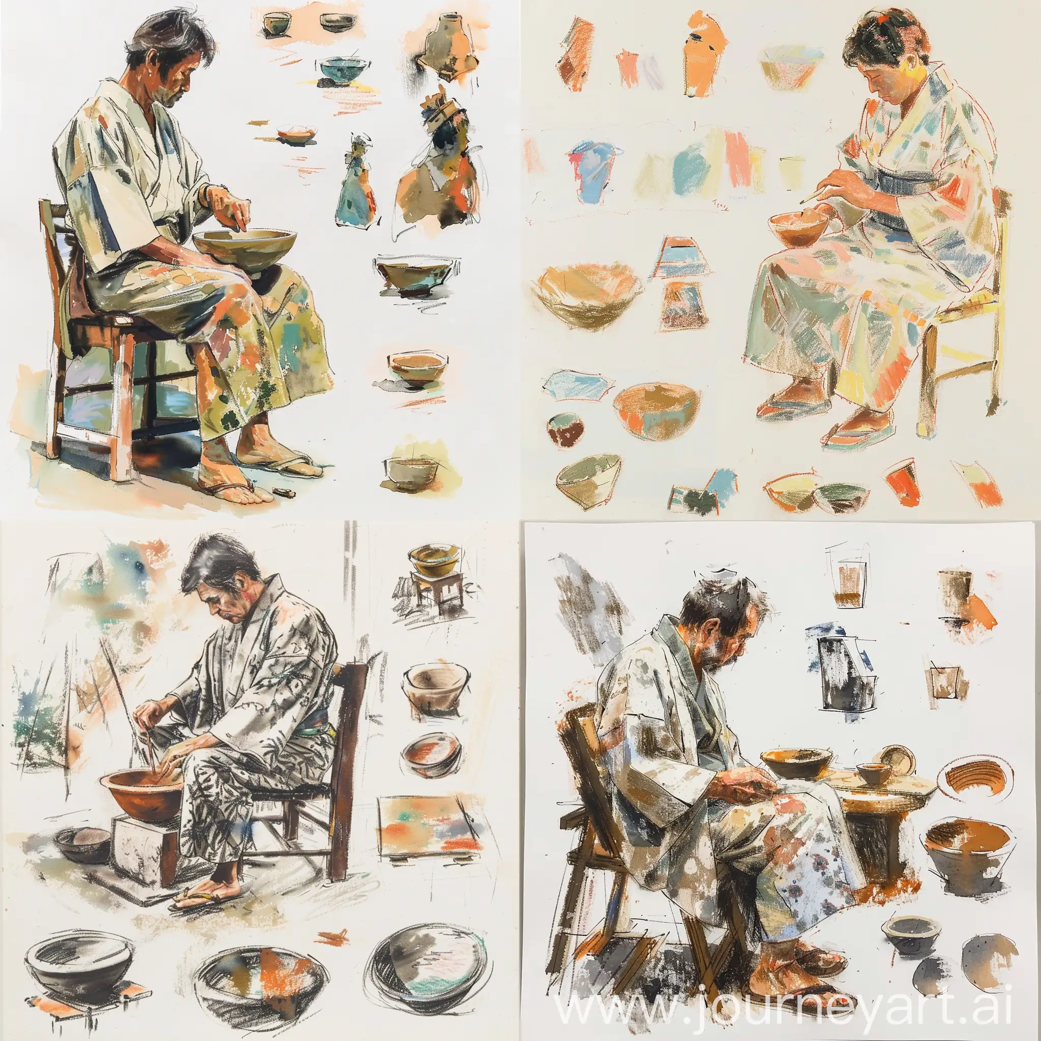Soft pastel bowl making on white background Artist type sketch depicting a middle aged distressed artisan potter ((Japanese man)) (closeup), on kimono, sitting on a chair, hard at work making a bowl. (Fire pit) kiln and bowl work style pottery shapes are arranged. Various oil and watercolor paintings in Matisse style, peaceful scenes of creative expression. Simple lines and flat colors, sparse simplicity, Y2K