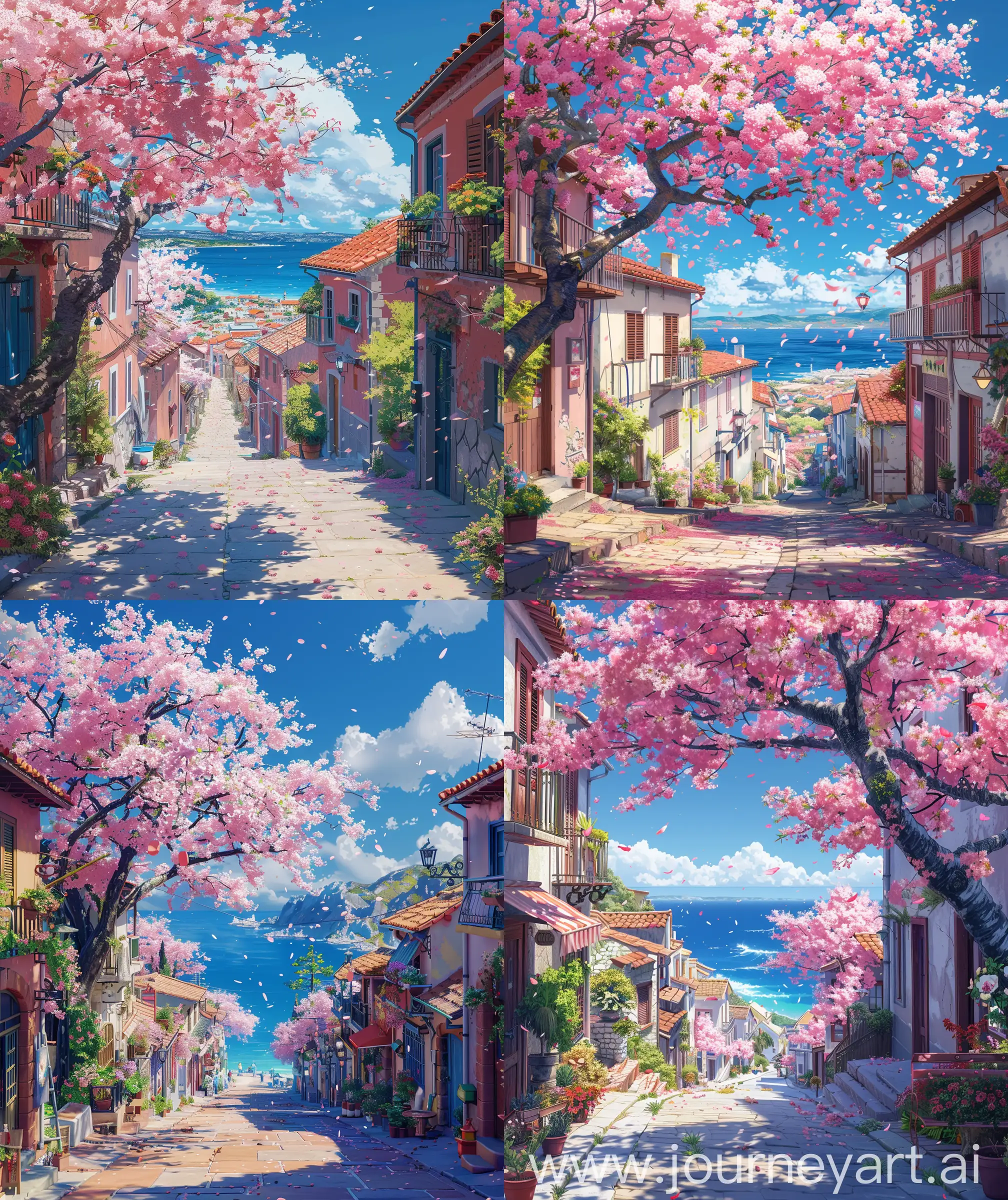 Anime scenary, mokoto shinkai and Ghibli style mix, direct front facade view of medeterrian street ,cherry blossom tree, loneliness and cozy, vibrant look, flowers Cozy vibe, Clear sky, sunny weather, illustration, anime scenary,ultra HD, high quality, sharp details, anime scenary, no hyperrealistic --ar 27:32 --s 400