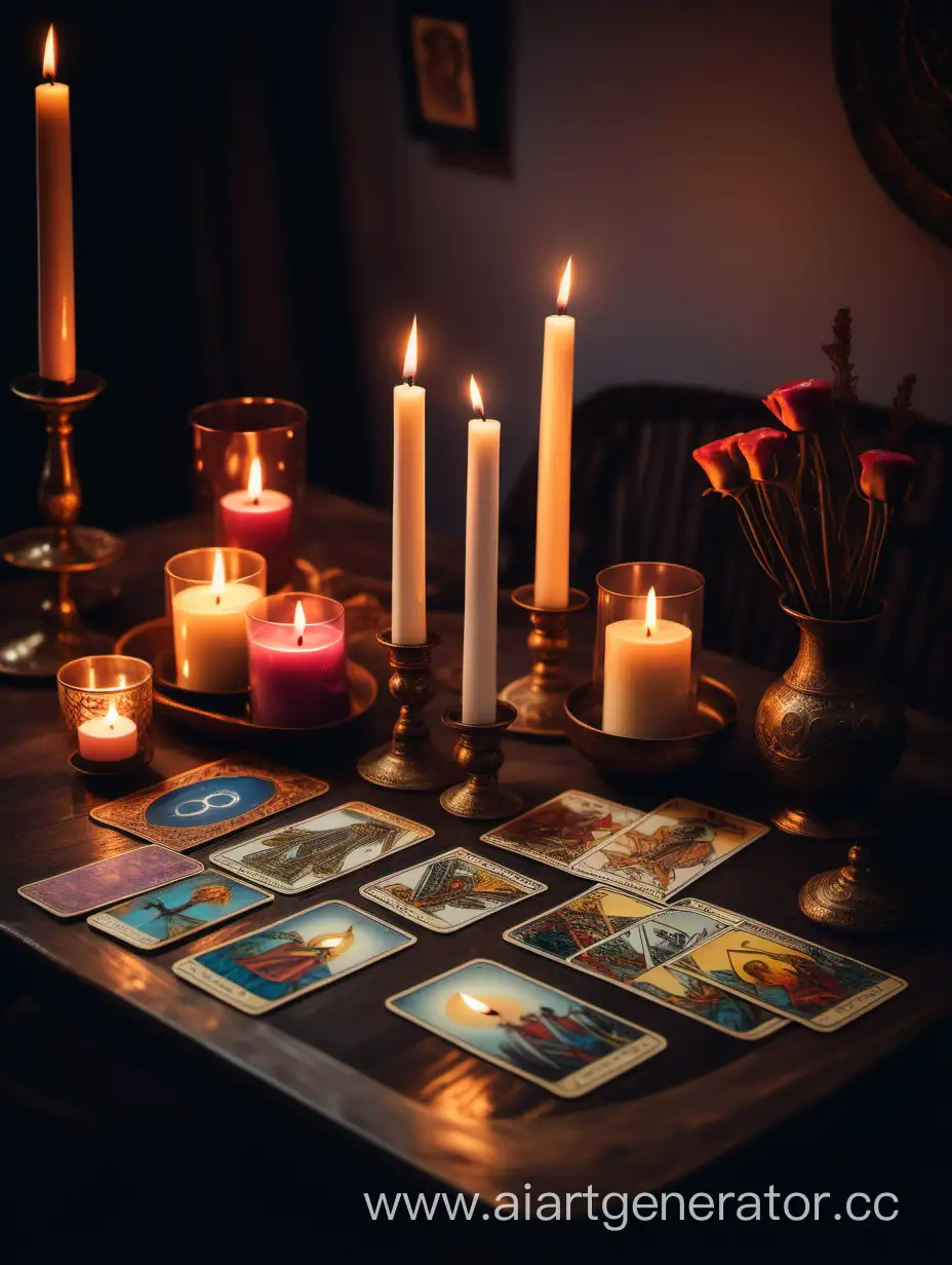 Свечи на красивом столе выложены карты таро уютная атмосфера вечера 
