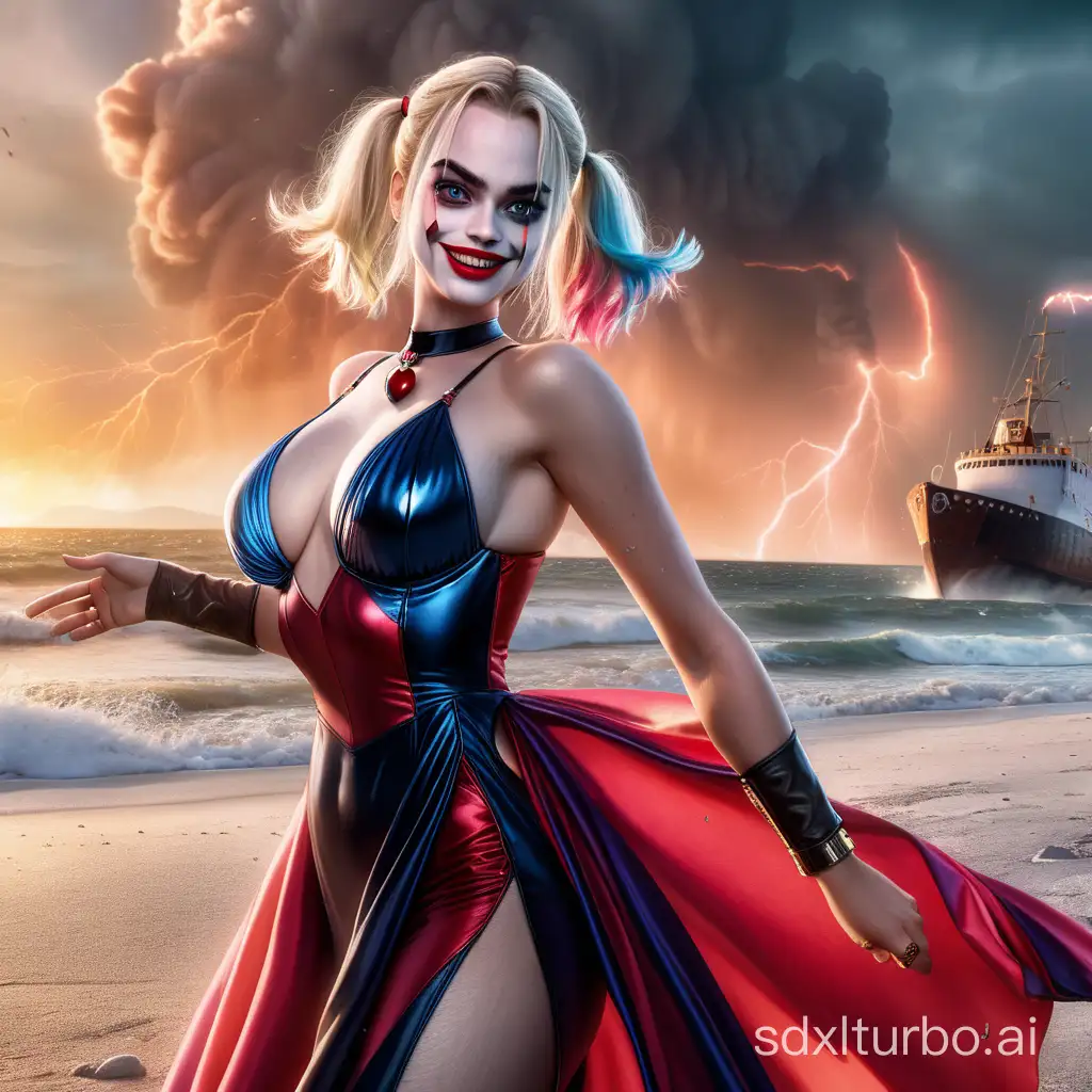 Busty Margot Robbie (in the image of Harley Quinn) dressed in an evening dress standing on the beach epically raises a glass,underboob,deep neckline,in the background a giant tornado pulls in and twists ships into itself,sunset,time has stopped,particles of burning iron and shards of broken glass hang in the air,through the smoke Frozen in time,the rays of the evening sun break through,the dress is torn,the strong wind blows away,stunning details,hair blowing wind,perfect beautiful face,high quality eyes,plump lips,kawaii smiling,flat stomach,slender hips,perfect body,slim hips,style raw,masterpiece,best quality,32k,extremely detailed cg,vibrant color,sun shafts,ray-tracing.