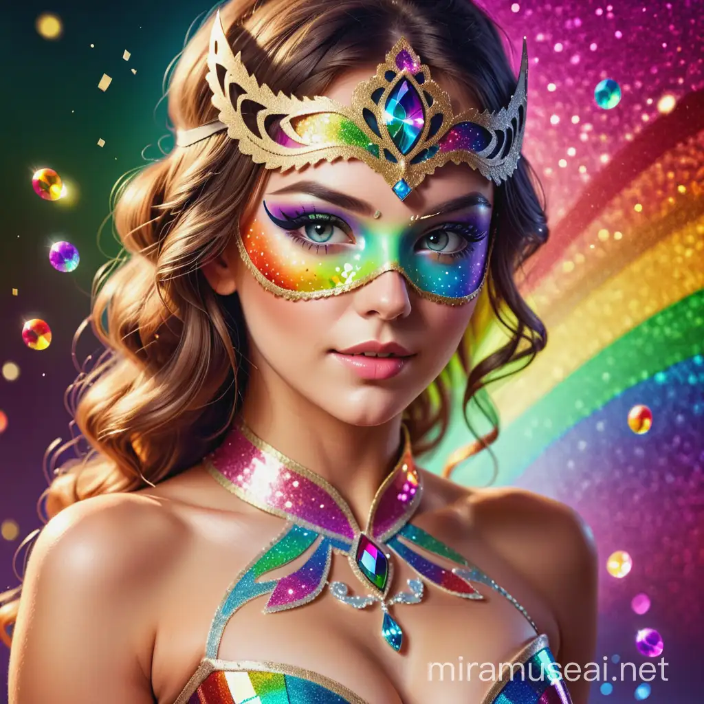 beautiful fantasy woman, with rainbow crystal glitter, masquerade, sureal party scenery.hdr.
