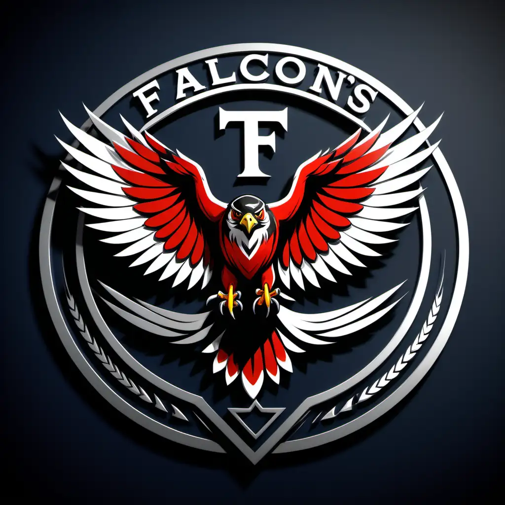Imagine an elegant and powerful falcon, its sharp talons poised for a descent. Its wings are spread wide, showcasing its majestic feather detail. Its eyes are focused, emanating an aura of determination and fierceness. The falcon's background is a stylised circular emblem, indicating motion and speed. The emblem is adorned with the team colors: black, white, and a splash of red. Beneath the emblem is the team's name - 'The Falcons', written in bold, impactful letters. This imagery is suitable for a sports team logo, embodying the spirit and strength of the Falcons.