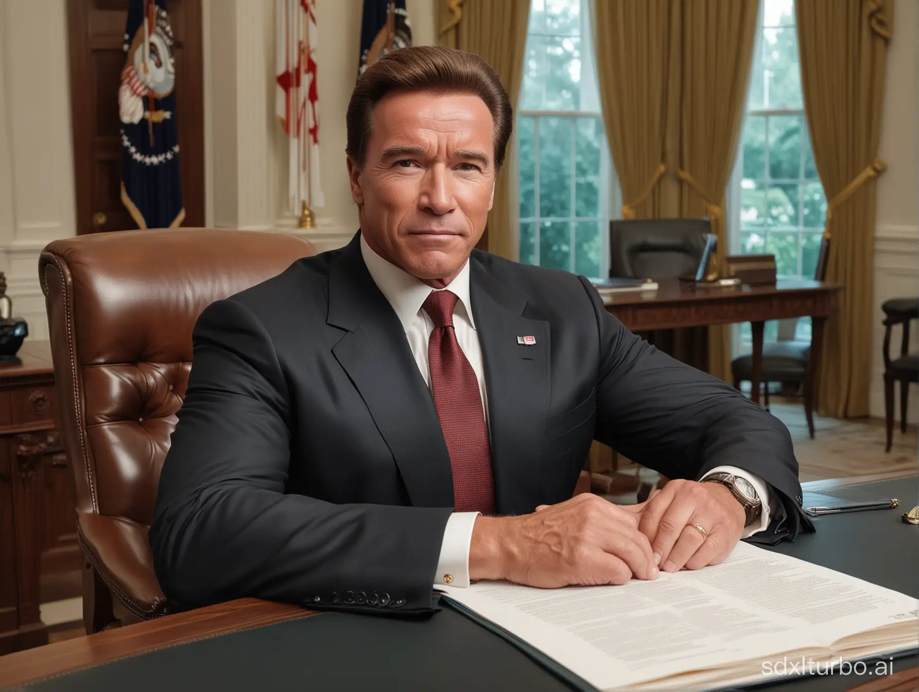 Arnold Schwarzenegger as president sitting in the oval officecof the White House extremely photo realistic imaging.