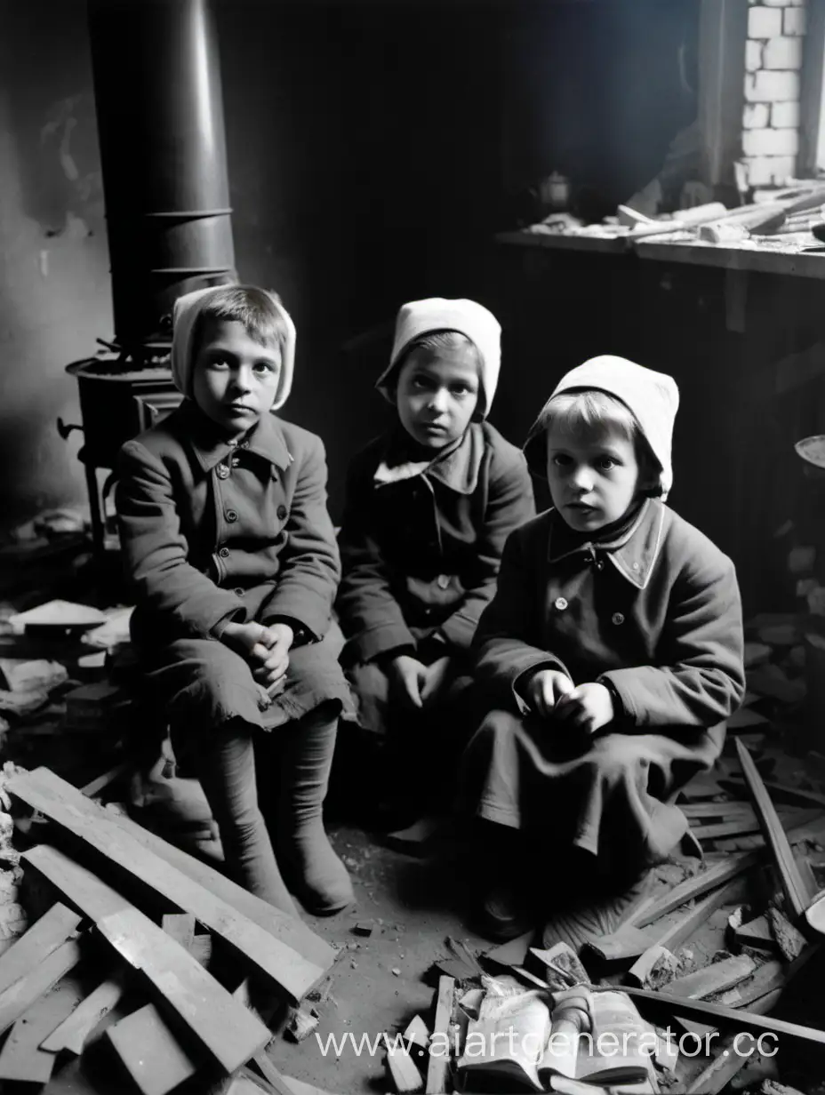 Children of the Leningrad blockade sit by the stove in a destroyed house.