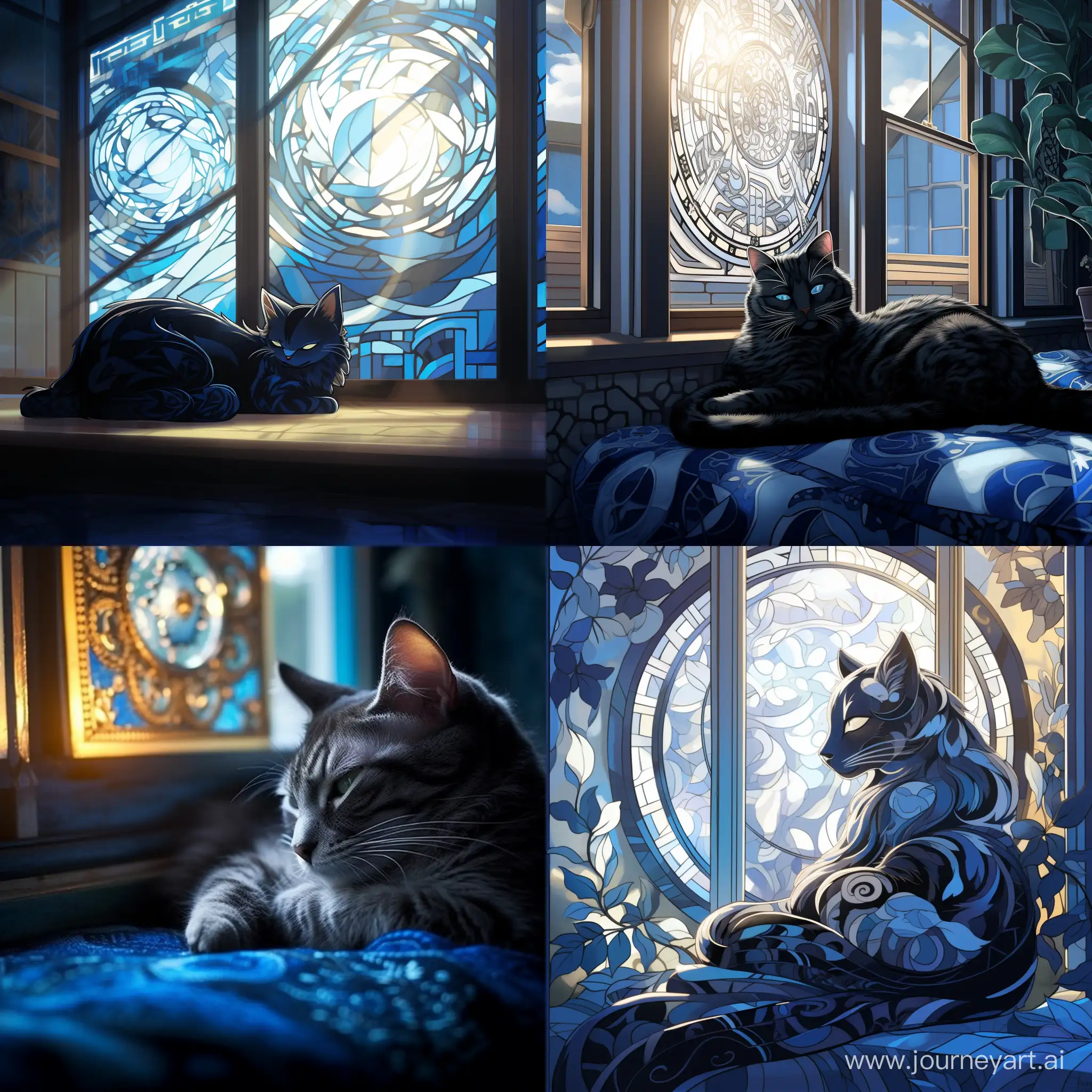 Стиль инь янь, голубая кошка с черными узорами лениво разлеглась на фоне окна, мягкий свет проникает через окна отбрасывая блики на кошку, стиль инь янь