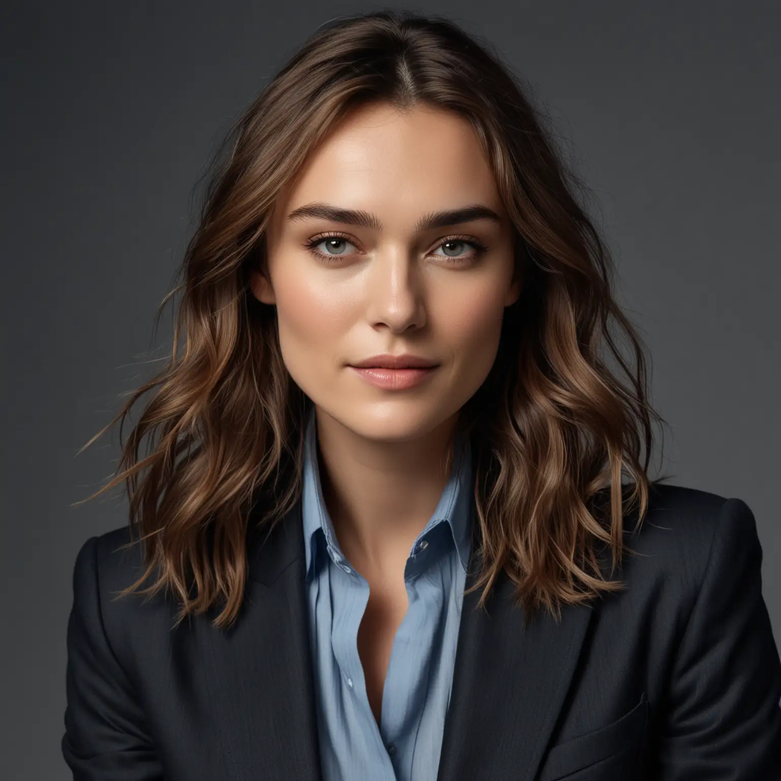 dans fond gris, ID photo, Keira Knightley, cheveux longs, , regard tendre et sourire rafraîchissant, veste de tailleur en lin ouverte noir et Chemise manches longues en soie Femme bleu fumé 