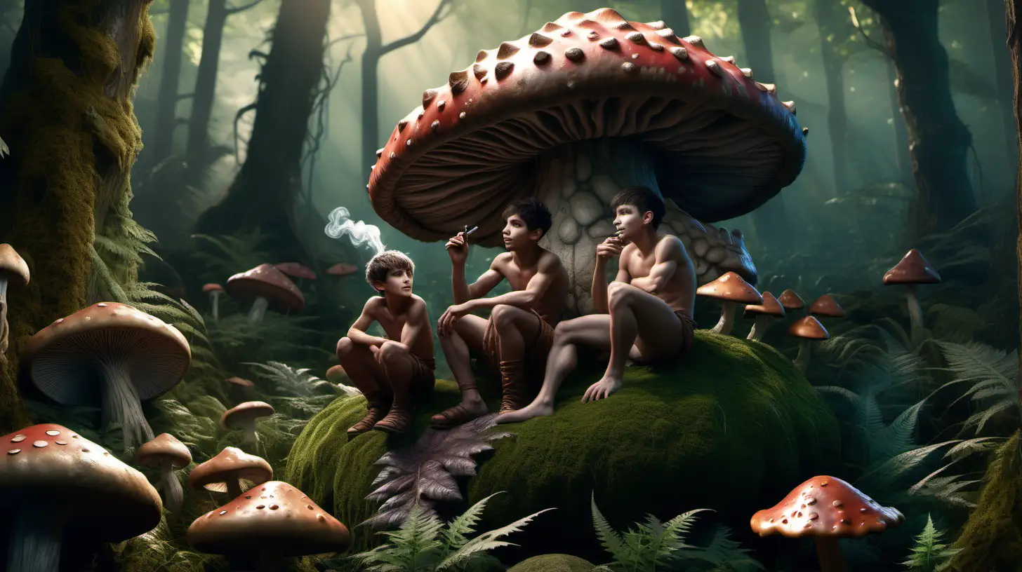 Anthropomorphic Dragon Boys Relaxing on Enchanted Mushroom in Fantasy Forest