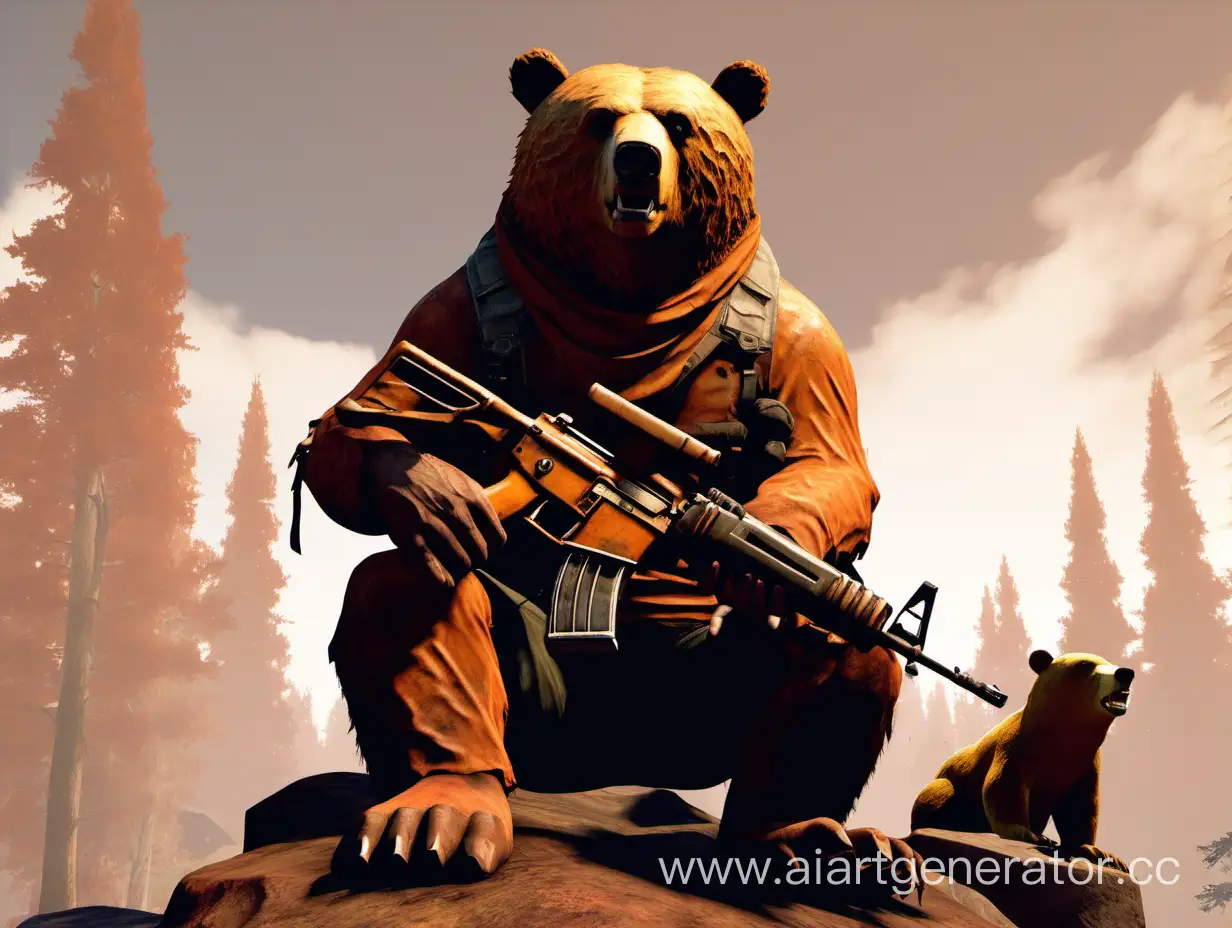 персонаж из видеоигры rust сидит верхом на массивном медведе и держит в руке Ак-47
