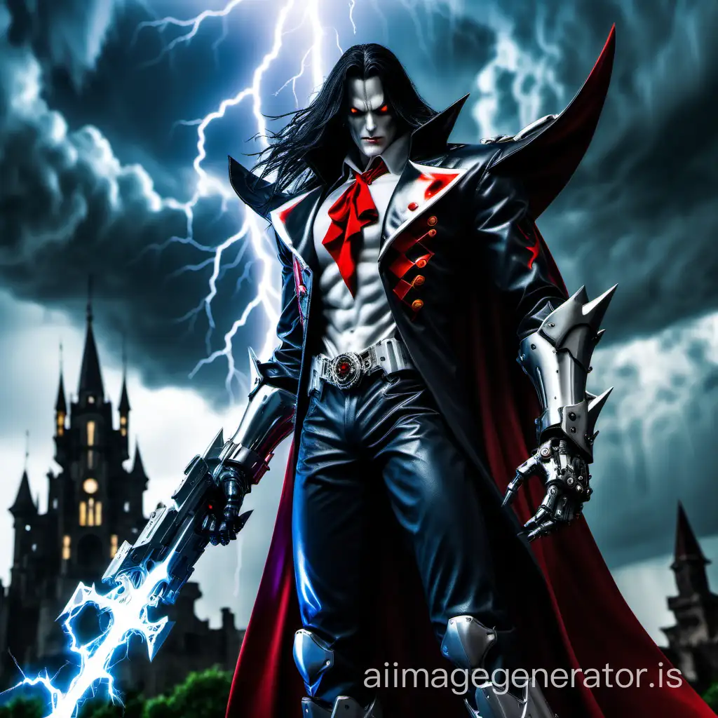 cyborg Alucard in front of storm shrouded broken castle lightning 
