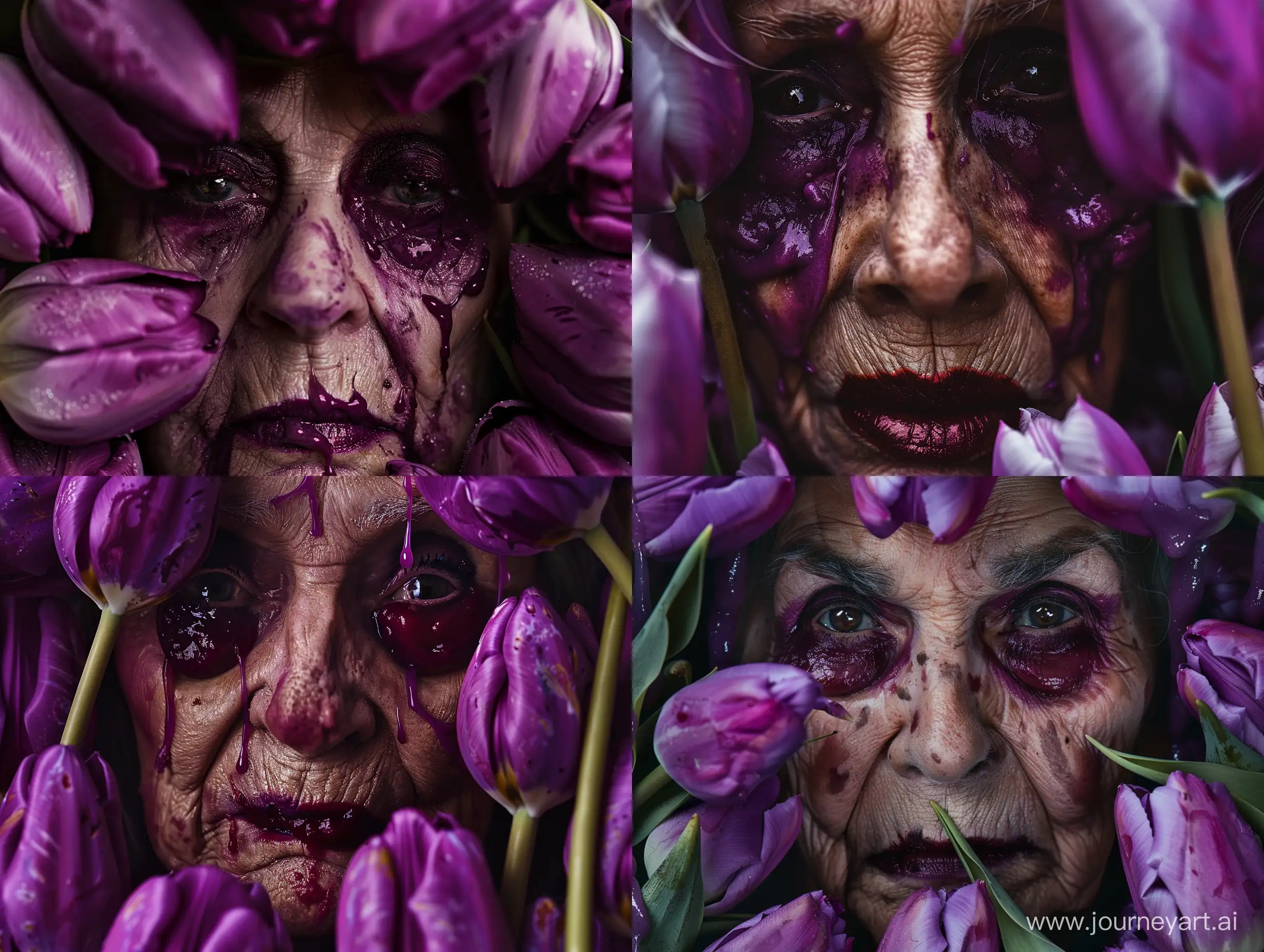 Fashionable-CloseUp-Portrait-of-Elderly-Woman-with-Grunge-Makeup-and-Purple-Tulips