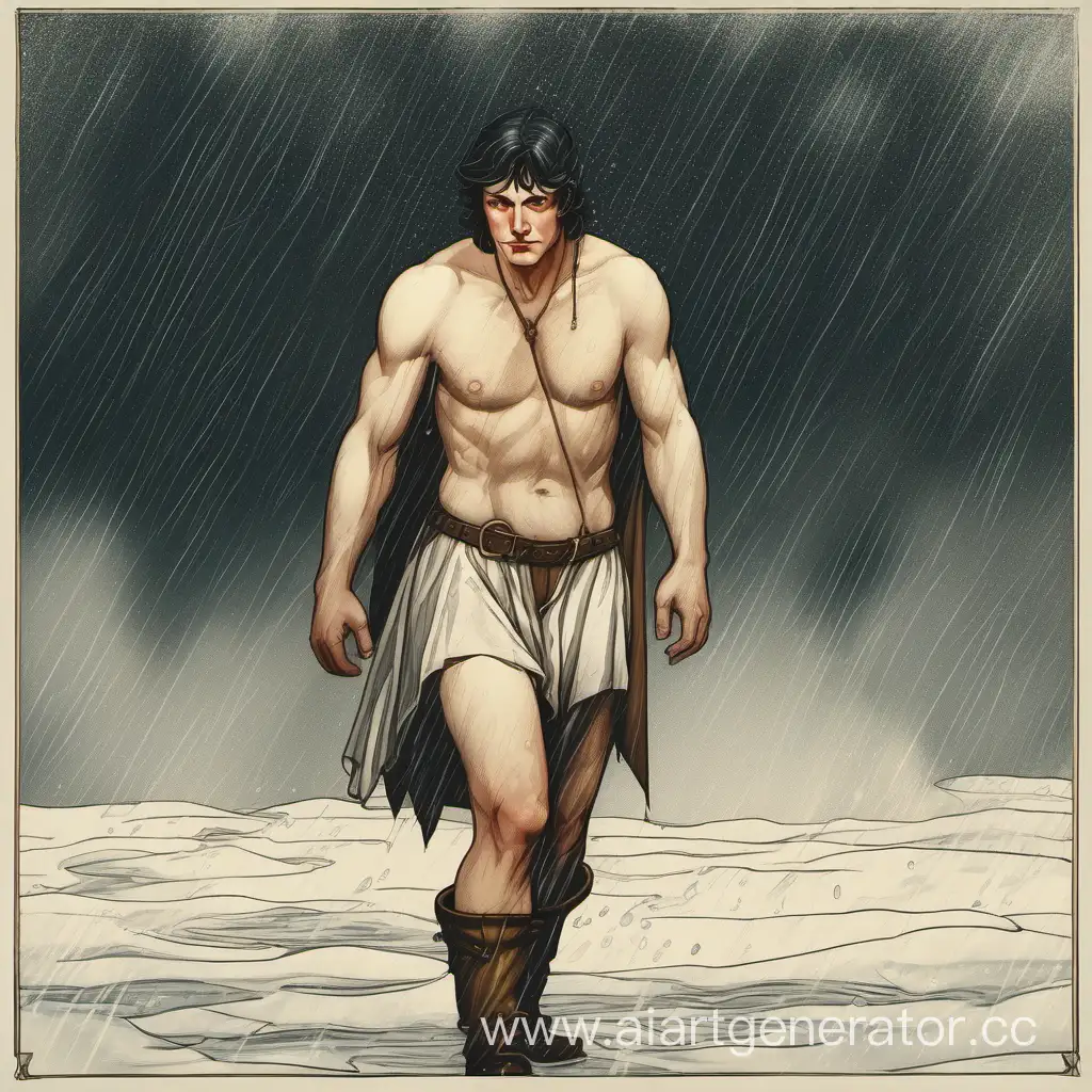 Medieval-Man-Embracing-Rain-in-Minimal-Attire
