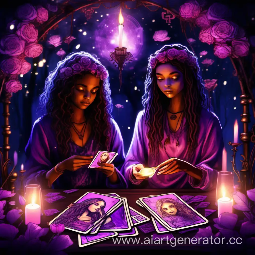 an avatar in a mysterious atmosphere where two girls with different looks and different hair are guessing on tarot cards by candlelight, an atmosphere of purple flowers and pink