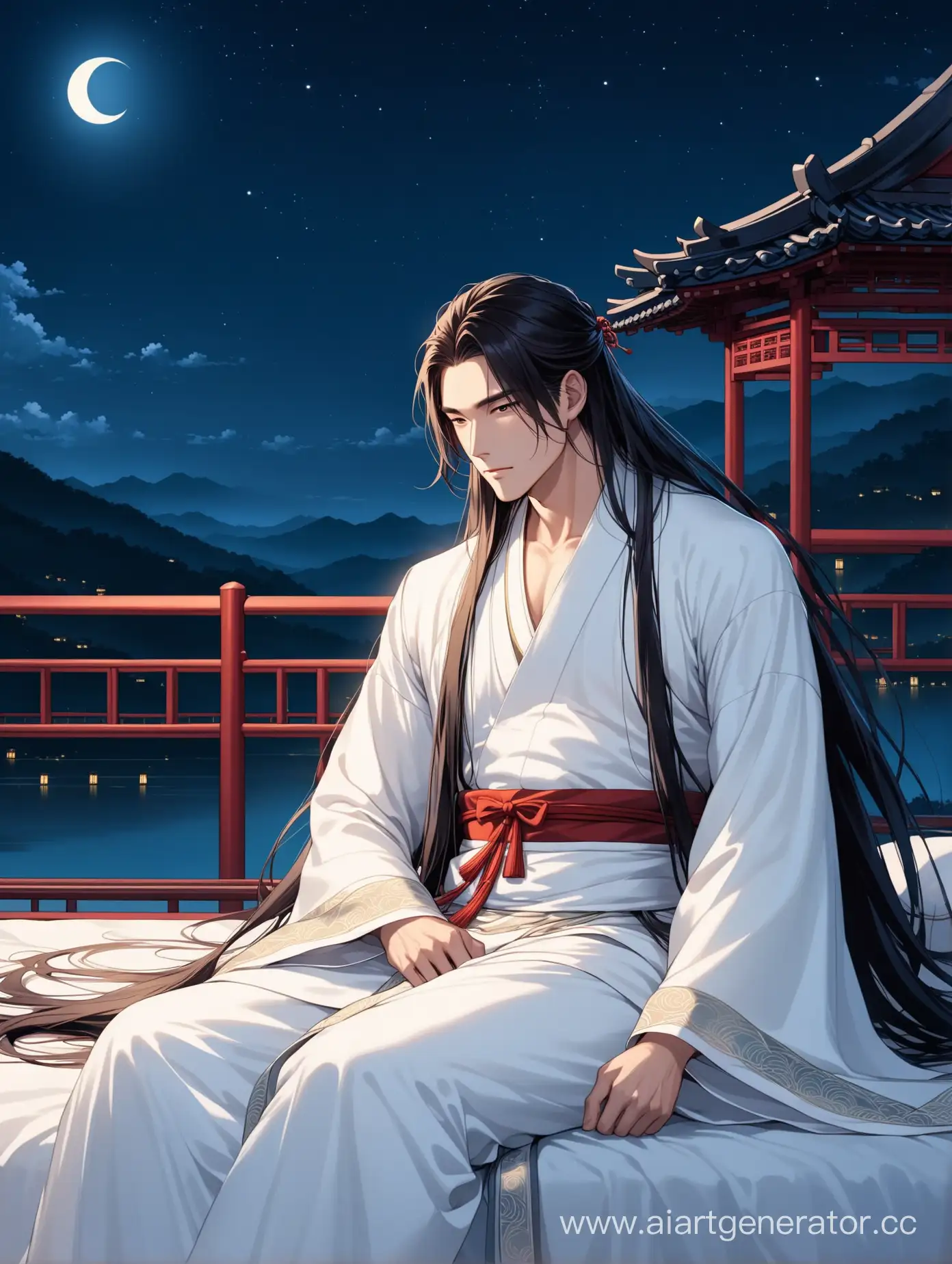 Elegant-Men-Admiring-a-Man-in-Bed-with-Long-Hair-and-White-Hanfu-Amidst-a-Moonlit-Night