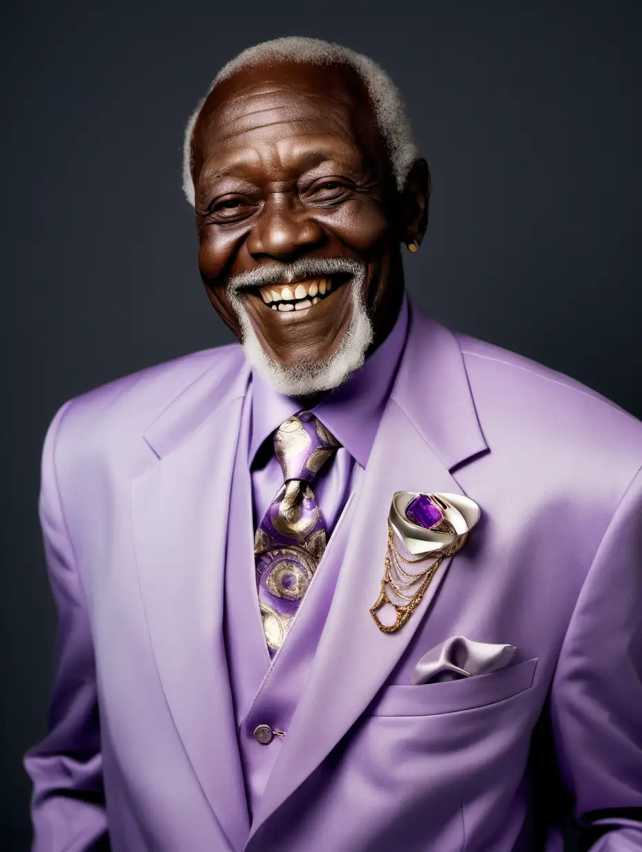 Smiling African American Elderly Man in Elegant Light Purple Suit with Jewelry