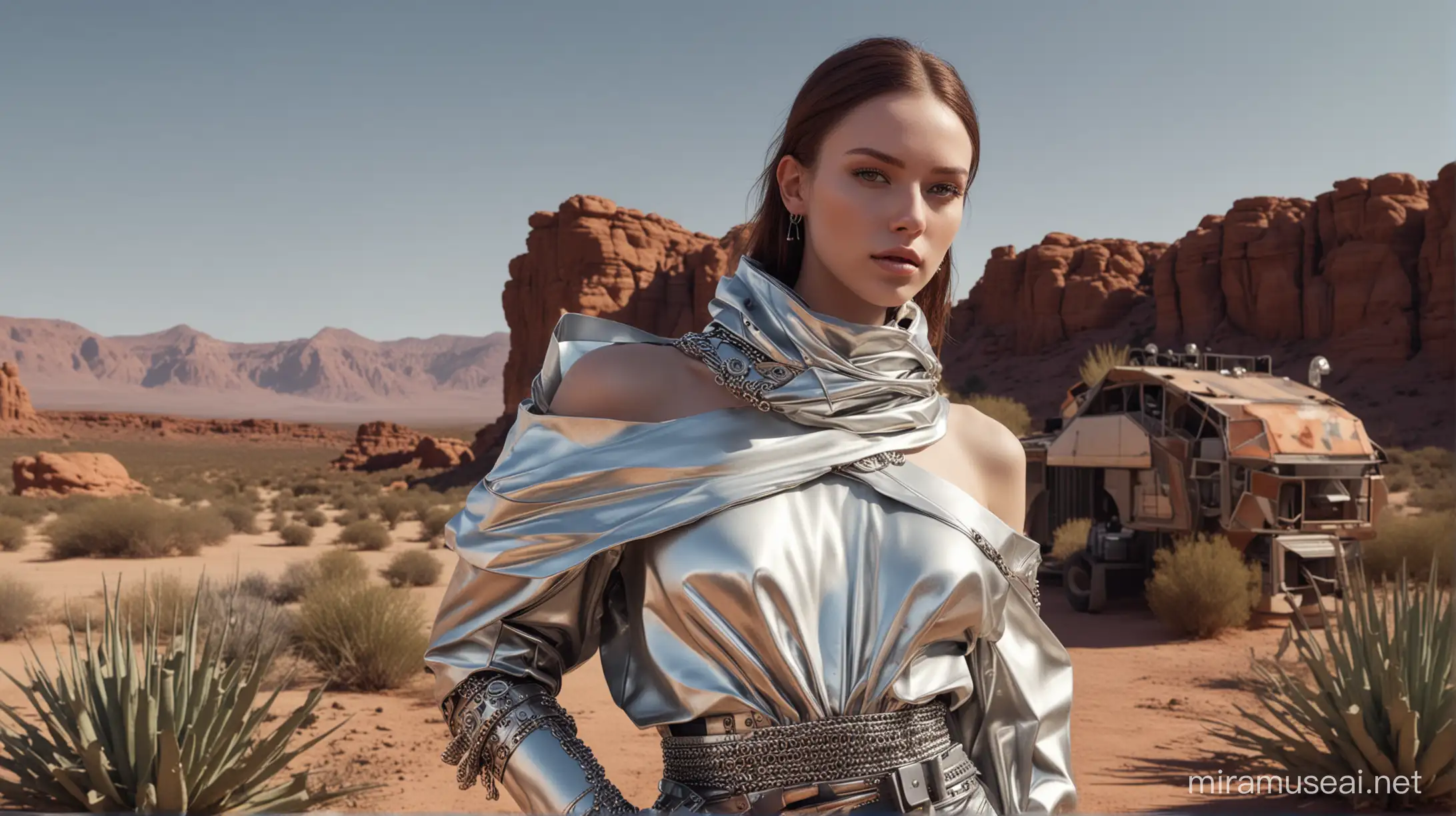 robotic desert plants and dusty landscape metal garage look with stunning model front angle wearing metal hooded blouse off shoulder with sleeves rolled up, folded at waist, geometric jewellery, Alexander Mcqueen style, hyper-realistic,glamorous