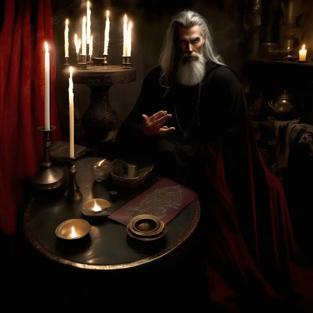 can see his back,
a sorcerer sits the table, he is dressed in a black robe , he has long silver hair & a beard, he is magical